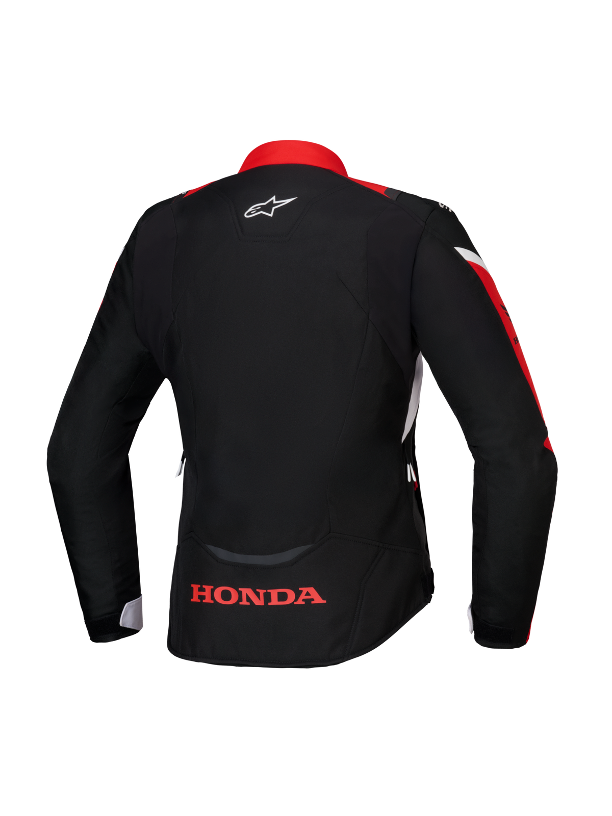 Alpinestars Honda Stella T-Jaws V4 WP-jacka, sedd bakifrån, svart med klarröda och vita detaljer, röd Honda-logotyp på nedre delen av ryggen och vit Alpinestars-logotyp i nacken, vattentät textiljacka för damer i sportmodell