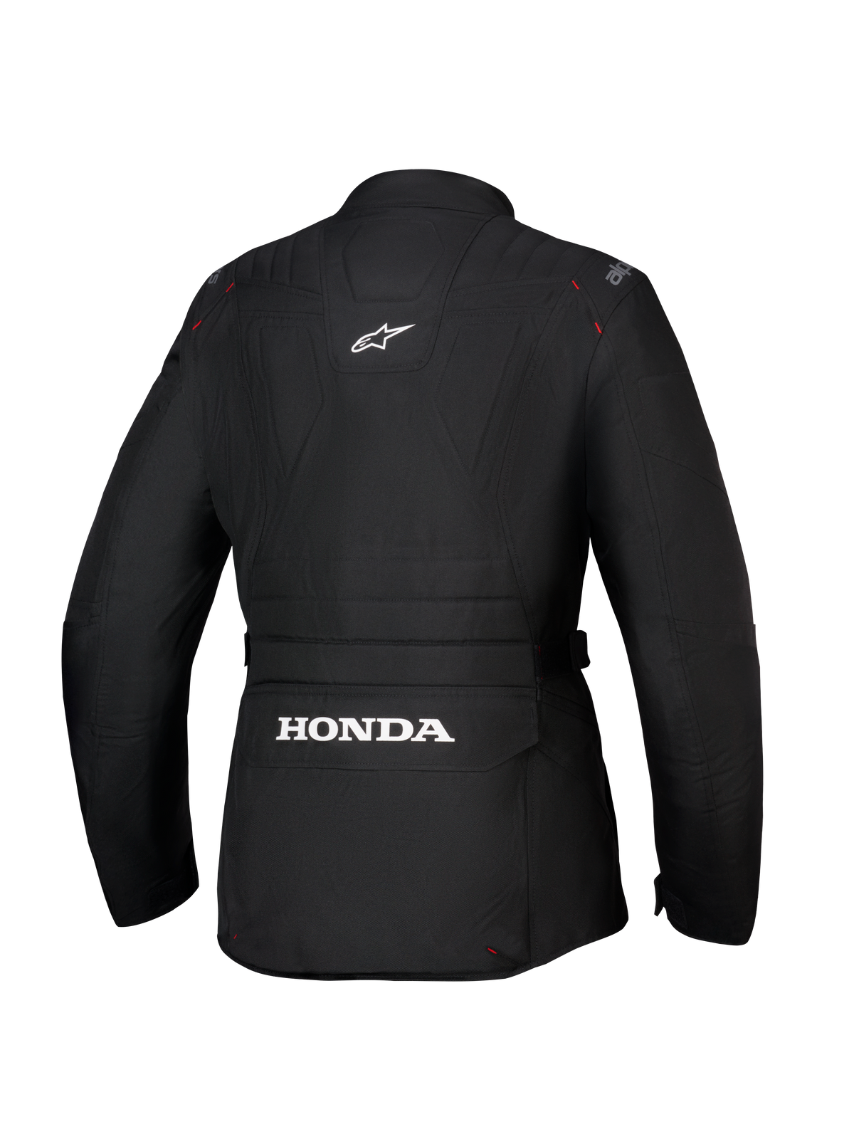 Alpinestars Honda Stella ST-1 WP-jacka, vattentät motorcykeljacka för damer, svart, baksida som visar stor vit Honda-logotyp på den nedre cargofickan bak, Alpinestars-logotyp på övre delen av ryggen, teknisk textilkonstruktion med adventure touring-silhuett och röda sömdetaljer.