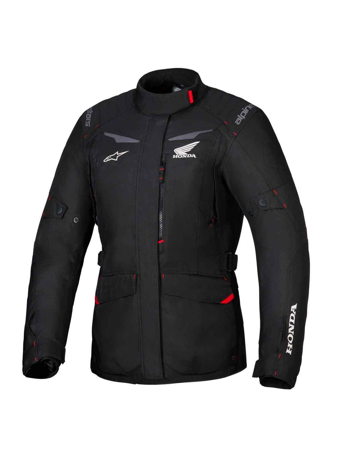 Alpinestars Honda Stella ST-1 WP-jacka, vattentät touringjacka för dam, svart med röda accenter och vita Honda-logotyper, hög krage, dragkedja fram, expanderbara cargofickor, slitstark textilutrustning för adventure-körning