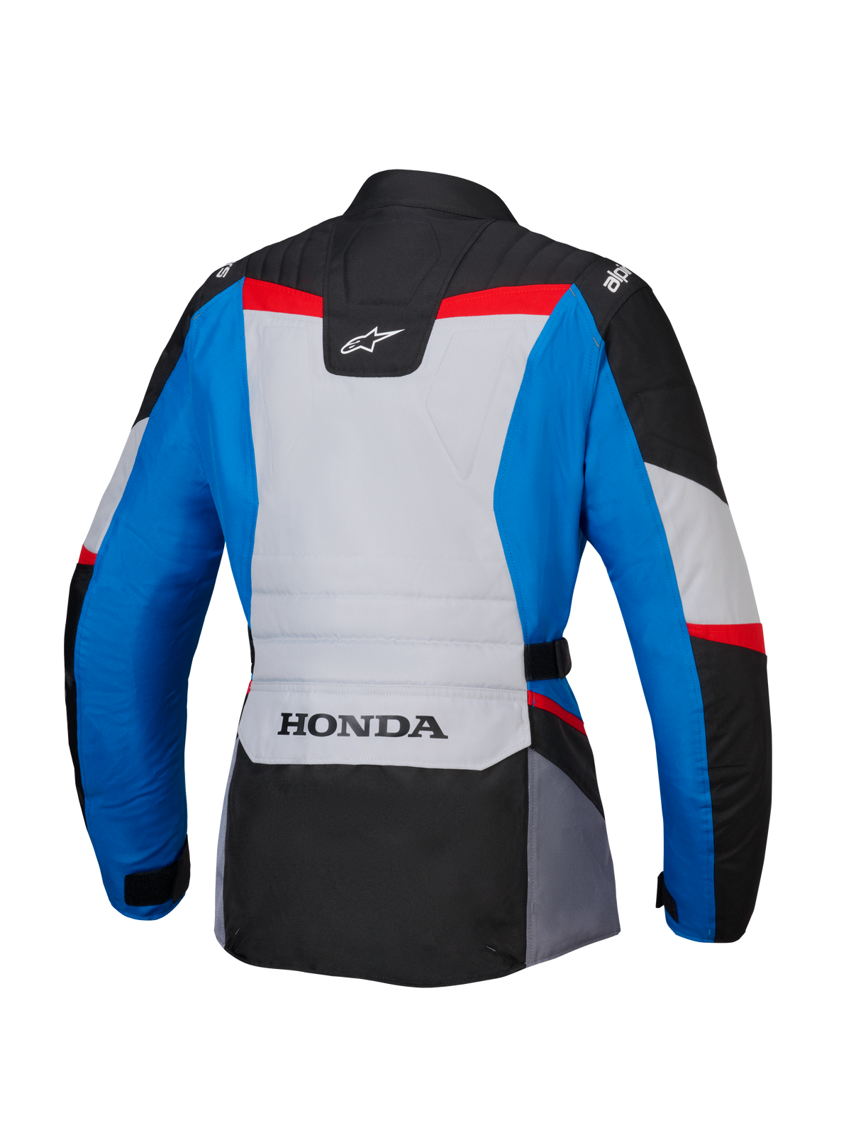 Alpinestars Honda Woman Stella ST-1 WP-jacka, sedd bakifrån, adventure-touringmotorcykeljacka i blått, isgrått och svart med röda detaljer, med HONDA-logotyp på nedre ryggen och Alpinestars-logotyper på axlarna och övre ryggen.