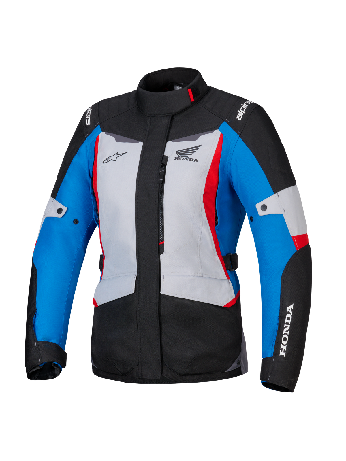 Alpinestars Honda Woman Stella ST-1 WP jacka, vattentät motorcykeljacka för damer, isgrå, blå och svart med röda accenter, hög krage och dragkedja fram, Honda- och Alpinestars-logotyper på bröstet och ärmarna, slitstark adventure-touringjacka i textil
