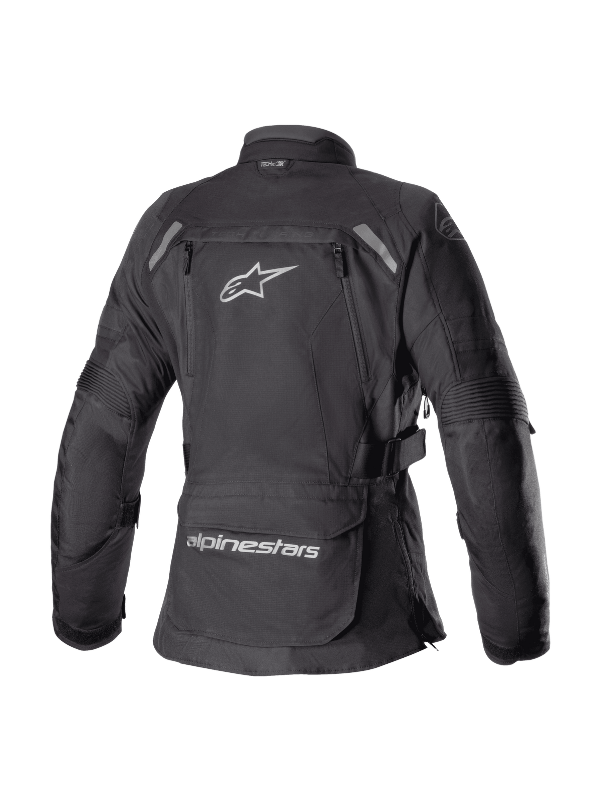 Alpinestars Stella Bogota' Pro Drystar® damjacka, svart, baksida av äventyrsjacka i textil med en stor vit Astar-logotyp, förvaringsficka på nedre delen av ryggen med logotyp, reflekterande axeldetaljer