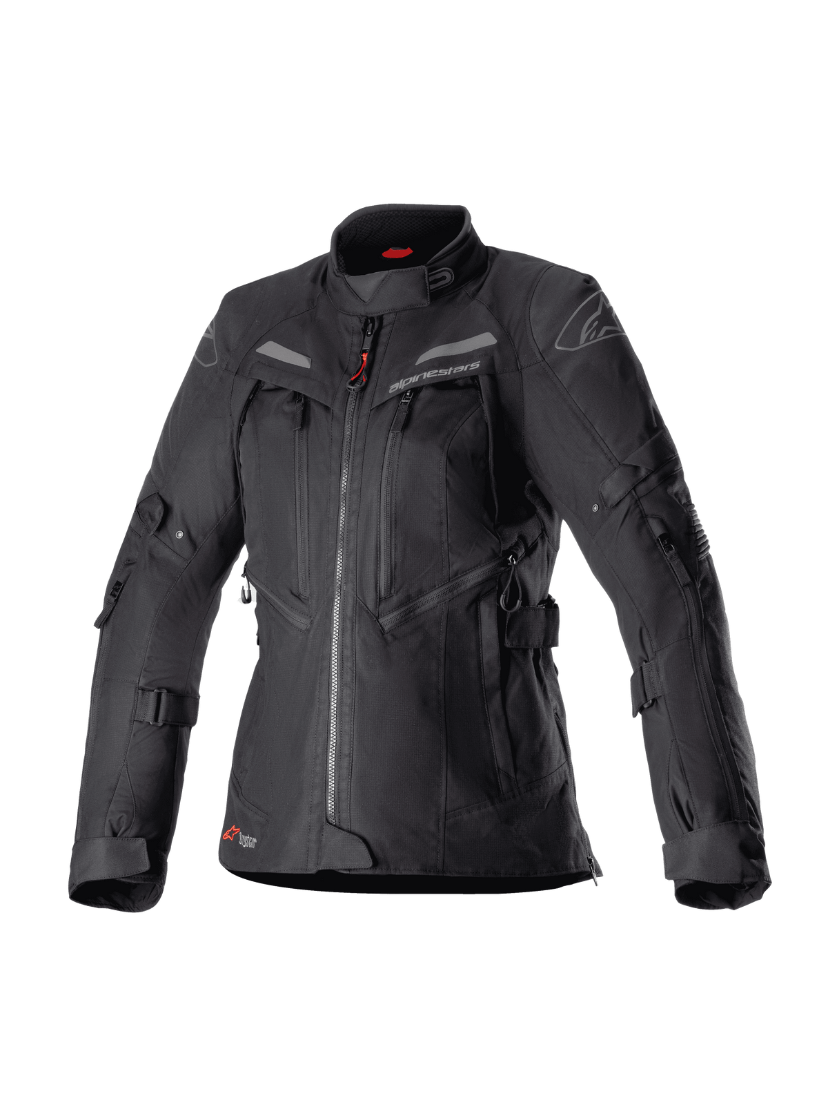 Alpinestars Stella Bogota Pro Drystar motorcykeljacka för dam, svart adventure touring-jacka, vattentät textilkonstruktion med flera dragkedjor fram och ventilationspaneler, justerbara remmar på ärmar och midja, subtila röda detaljer och Alpinestars-logotyp.