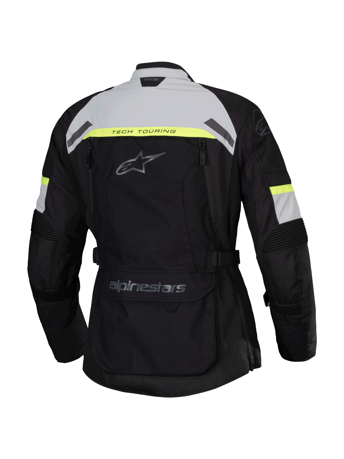 Alpinestars Stella Bogota' Pro Drystar®-jacka, baksida, svart med detaljer i Ice Gray och Yellow Fluo, äventyrs- och touringjacka för damer med Tech Touring-logotyp och en stor förvaringsficka nedtill på ryggen
