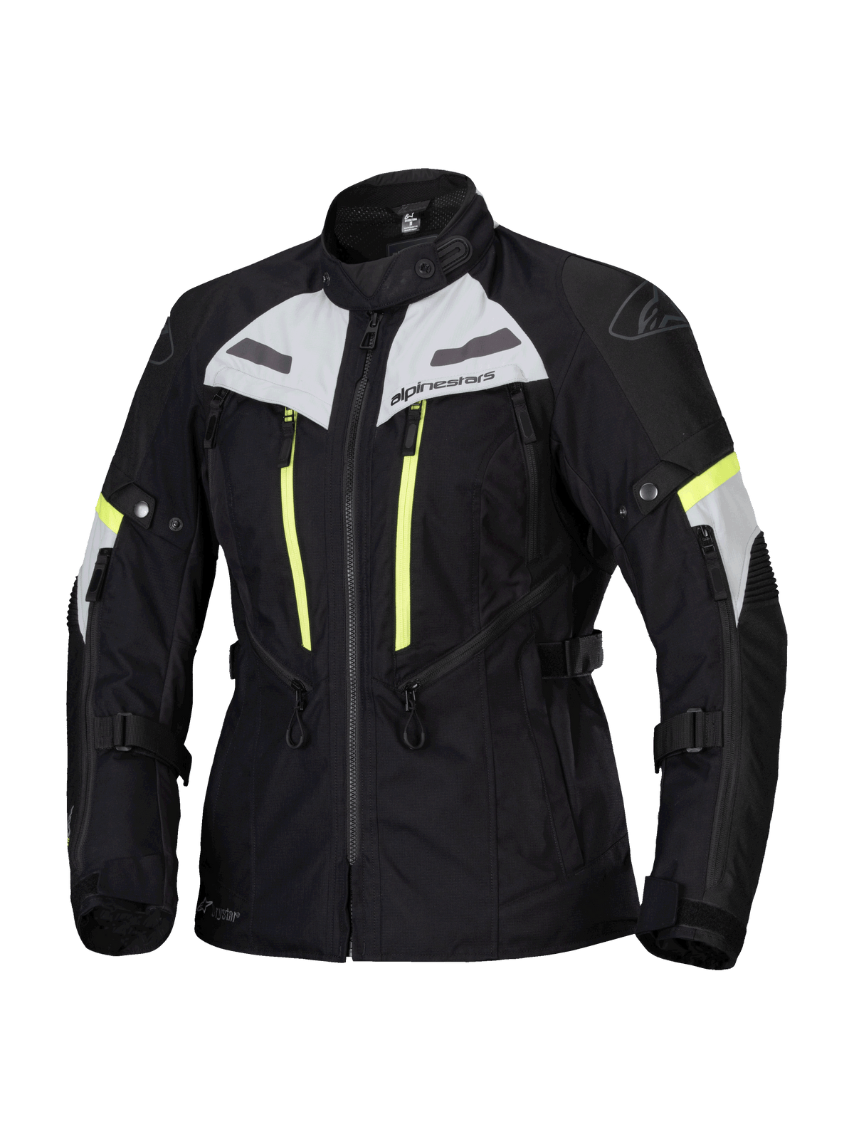 Alpinestars Stella Bogota Pro Drystar jacka, dammotorcykeljacka för touring, svart med isgrå och neongula detaljer, vattentät och andningsbar textilkonstruktion, omfattande ventilationsdragkedjor och justerbara remmar för äventyrskörning
