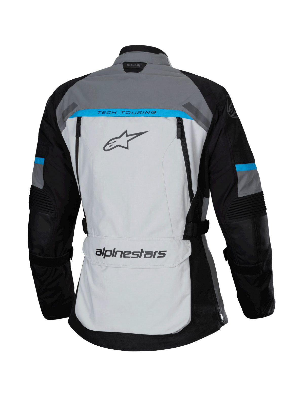 Alpinestars Stella Bogotá Pro Drystar®-jacka, Ice Gray, svart och cyan, sedd bakifrån med en stor ljusgrå panel med 'TECH TOURING'-logotyp, svarta ärmar med cyanfärgade detaljer och förvaringsficka på nedre delen av ryggen.