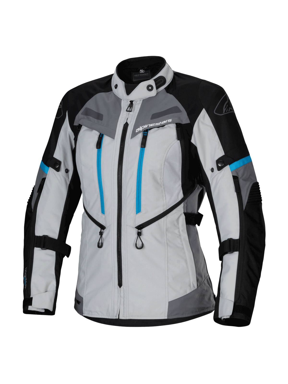 Alpinestars Stella Bogota' Pro Drystar® jacka, äventyrs- och touringjacka för dam, isgrå, svart och cyan, med vattentätt Drystar®-membran, dubbla vertikala blå dragkedjor på bröstet, justerbara remmar vid armar och midja samt förstärkta skyddspaneler