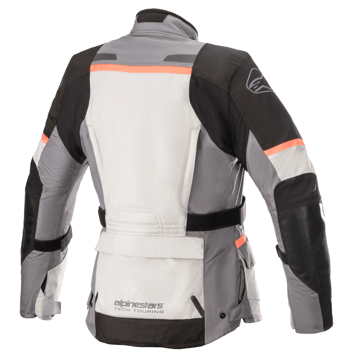 Alpinestars Stella Andes V3 Drystar® damjacka, motorcykeljacka, isgrå, mörkgrå, svart och korall, vy bakifrån med en stor förvaringsficka i ländryggen, justerbart midjebälte och korallfärgade detaljer på axlar och rygg.