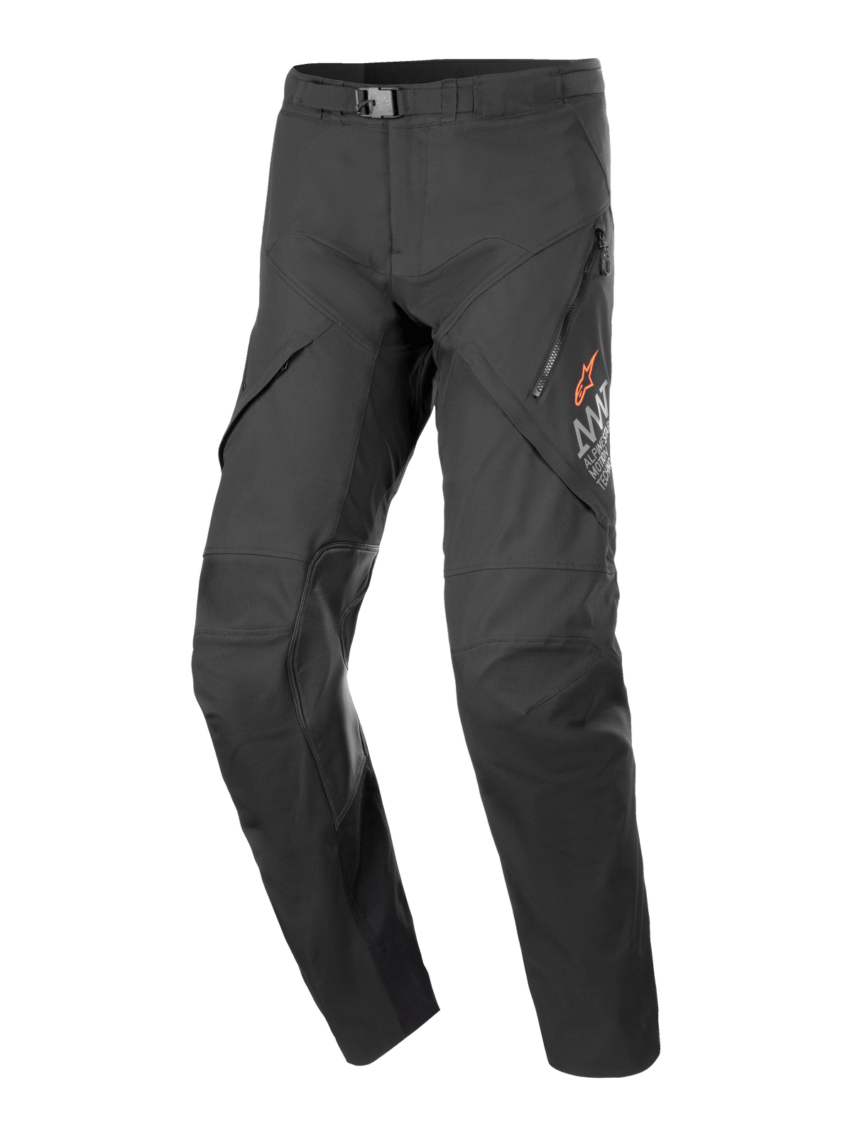 Alpinestars AMT-8 Stretch Drystar XF byxor, svarta touringbyxor för motorcykel, med ventilationsöppningar med dragkedja på låren, orange stjärnlogotyp, justerbart midjespänne och förstärkta knäpaneler, slitstarkt stretchmaterial