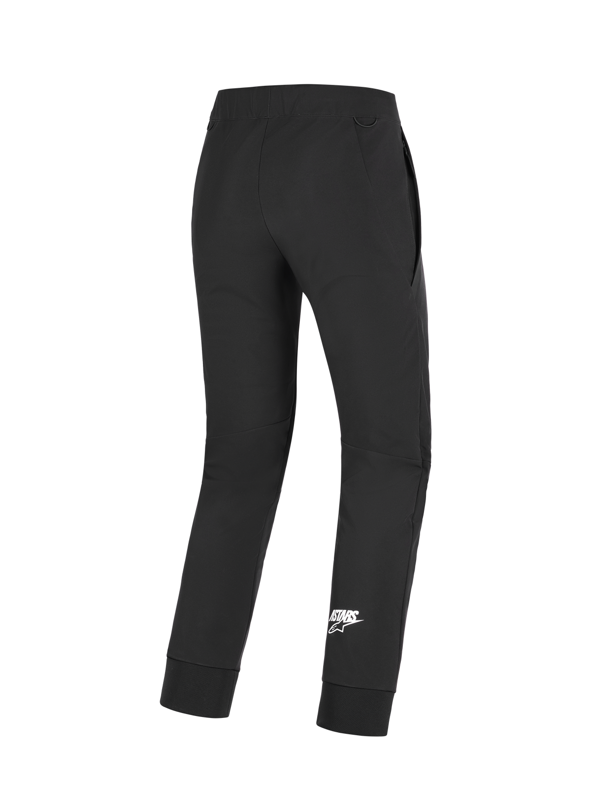 Alpinestars Aeroshell Pants, Motorcycle Pants, Black, rear view showing white Astars logo on lower leg, featuring stretch softshell fabric, pre-curved knees, and elastic cuffs