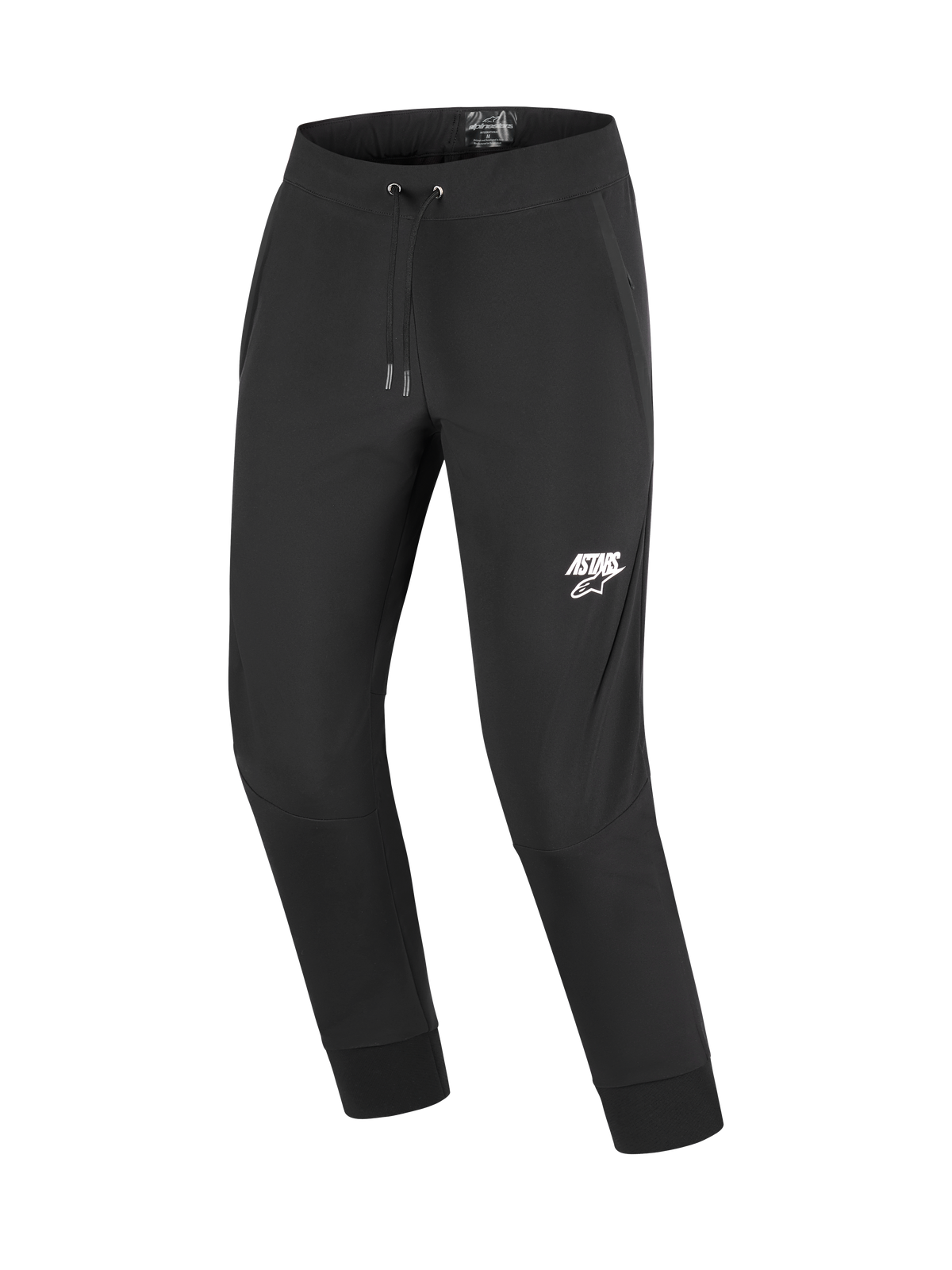 Alpinestars Aeroshell Pants, Motorcycle Softshell Pants, Black with white ASTARS logo on the left thigh, featuring an elastic drawstring waist and ribbed ankle cuffs, designed for urban and casual touring riders