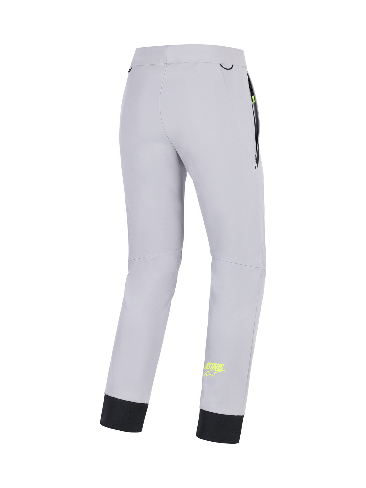 Alpinestars Aeroshell byxor, grå motorcykelbyxor för herr med gula flou-detaljer, baksida som visar stretchkonstruktion och elastisk nedre fåll