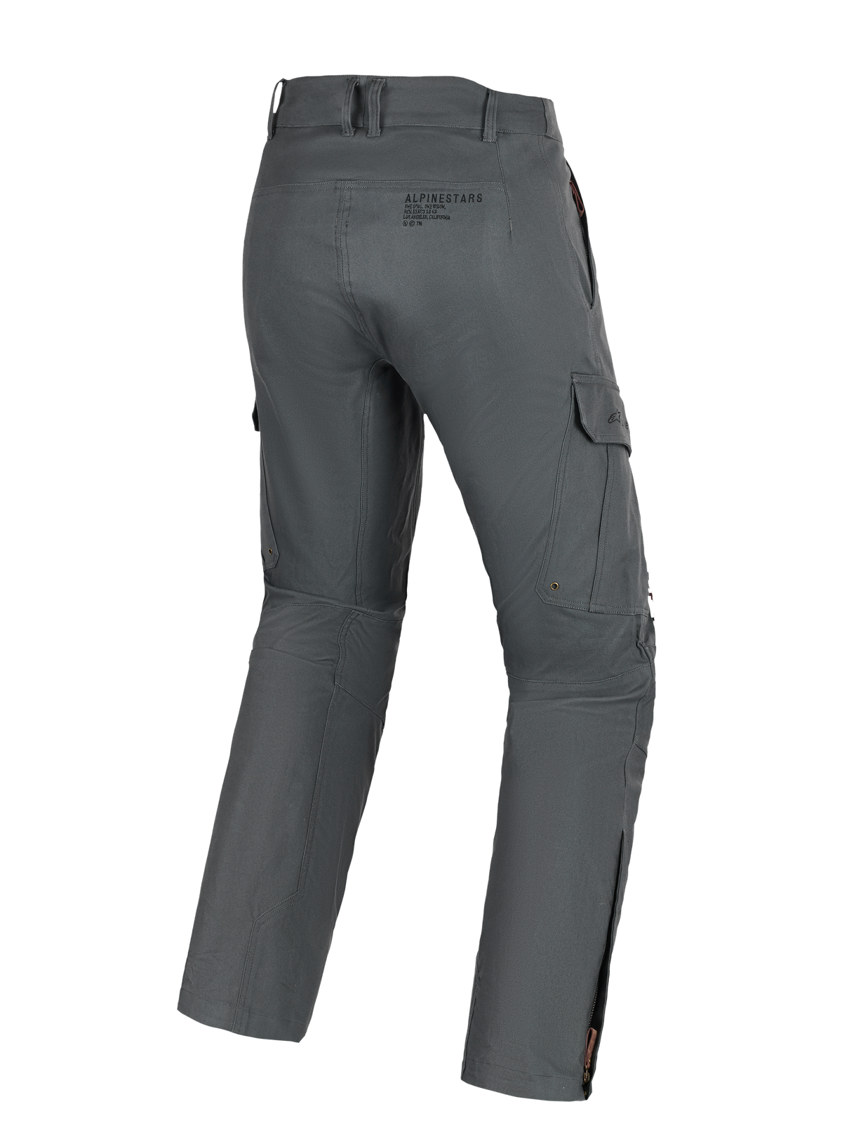 Alpinestars Borrego Drystar® Pants, äventyrsmotorcykelbyxor, grå antracit, baksida som visar cargofickor, logotyp baktill och dragkedjor vid vaderna, hållbart textilmaterial med vaxat canvasutseende