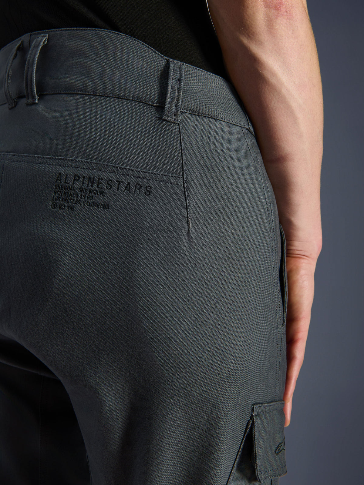 Alpinestars Borrego Drystar® byxor, motorcykelbyxor, antracitgrå, närbild på bakre höftpartiet med Alpinestars logotyp och slogan, slitstarkt textilmaterial med vaxad canvas-look, äventyrskläder