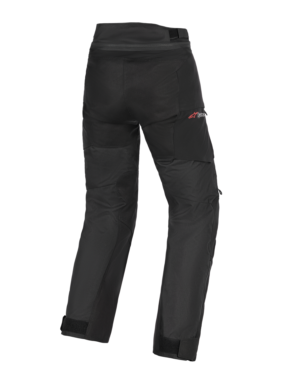 Alpinestars Andes V4 Drystar® Pants, Adventure Motorcycle Pants, Black, rear view showing textile construction with reinforced seat and knee areas, red Drystar logo on the hip, adjustable waist and ankle straps, waterproof and durable design for all-weather riding
