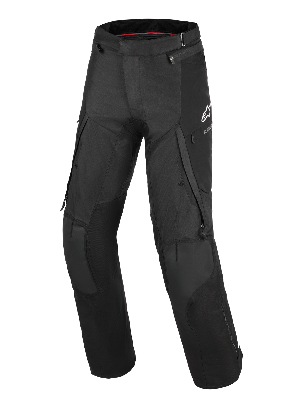 Alpinestars Andes V4 Drystar® Byxor - Long, svarta adventure-touringbyxor för motorcykel, med stora cargofickor, förstärkta knäpaneler, ventilationsdragkedjor på låren och en vit Alpinestars-logotyp på vänster lår.