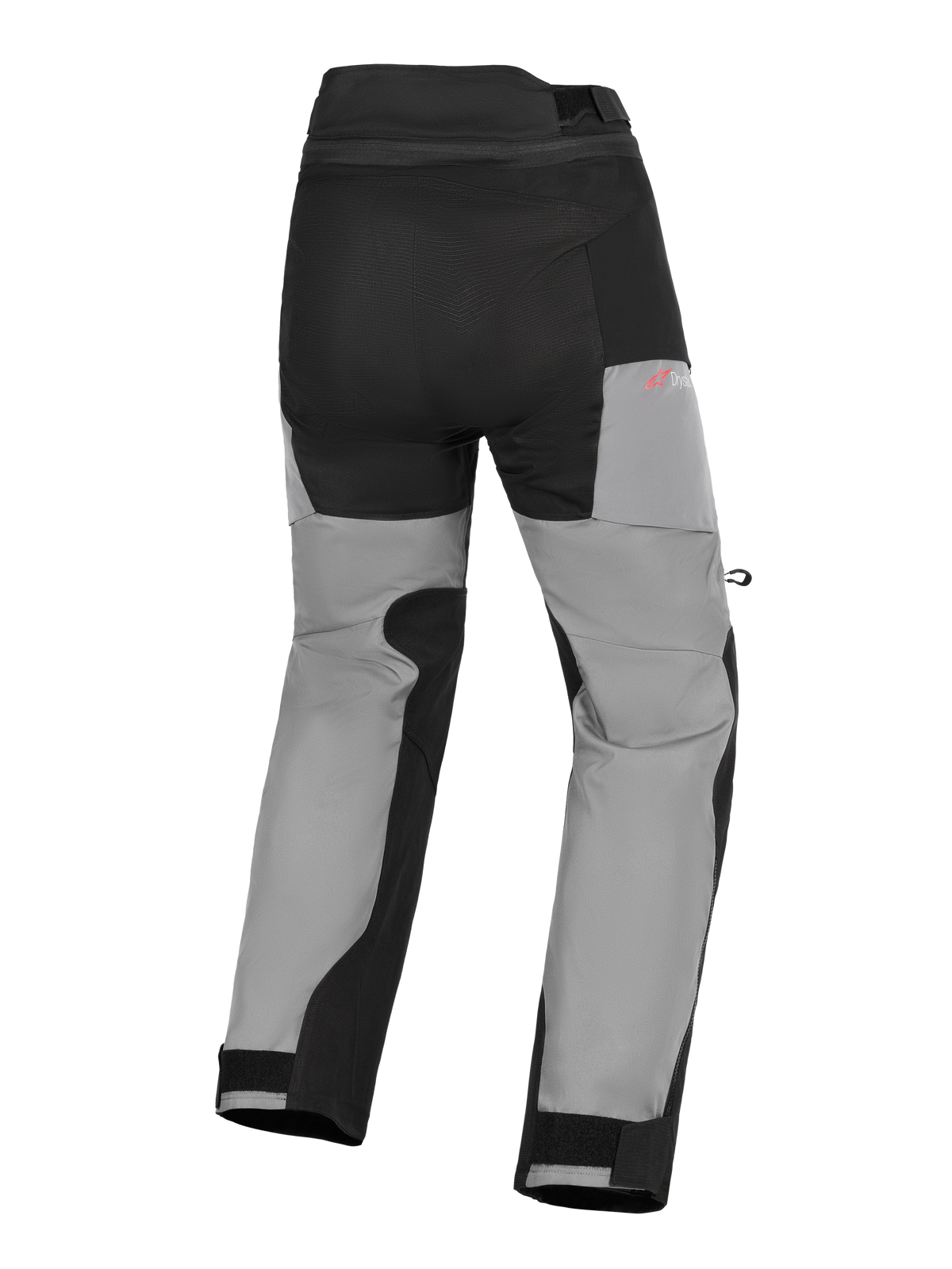 Alpinestars Andes V4 Drystar® byxor, äventyrsmotorcykelbyxor, svarta och mörkgrå, vy bakifrån med förstärkta sittpaneler, röd Drystar-logotyp på höften och justerbara kardborrestängningar vid anklarna.