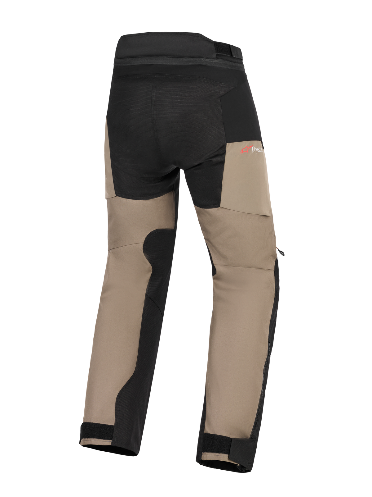 Alpinestars Andes V4 Drystar® byxor, adventure-motorcykelbyxor, valnöt och svart, vy bakifrån med förstärkt säte och paneler på insidan av benen, röd Drystar-logotyp och justerbara benslut.