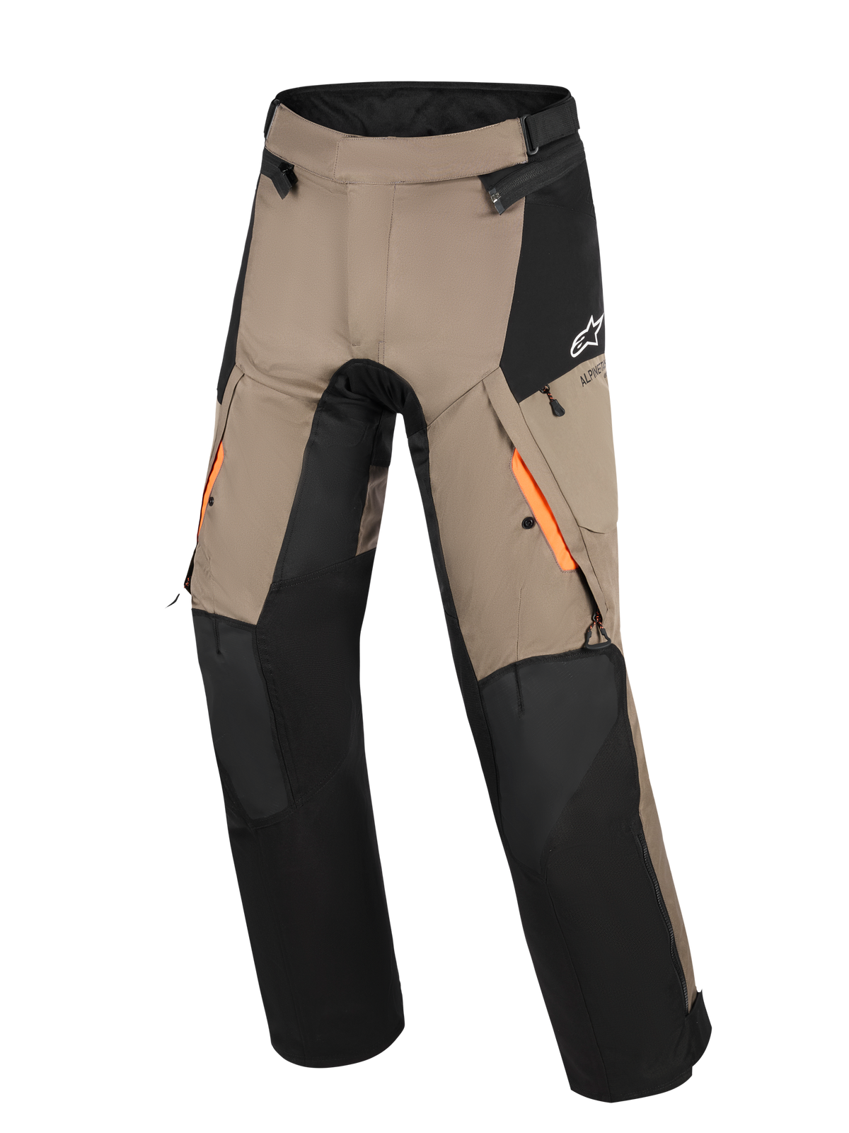 Alpinestars Andes V4 Drystar® byxor, adventure touring-byxor, valnöt och svart, med orange detaljer på ventilationsöppningarna på låren, förstärkta knäpaneler och vattenresistenta cargofickor.
