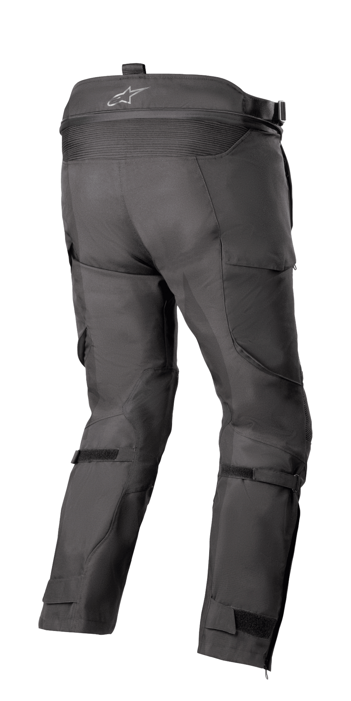 Alpinestars Bogotá Pro Drystar® 4 Seasons Pants - Short, Adventure Touring Motorcycle Pants, Black, rear view showing high waist with logo, stretch accordion panel, adjustable calf straps, and technical textile construction.