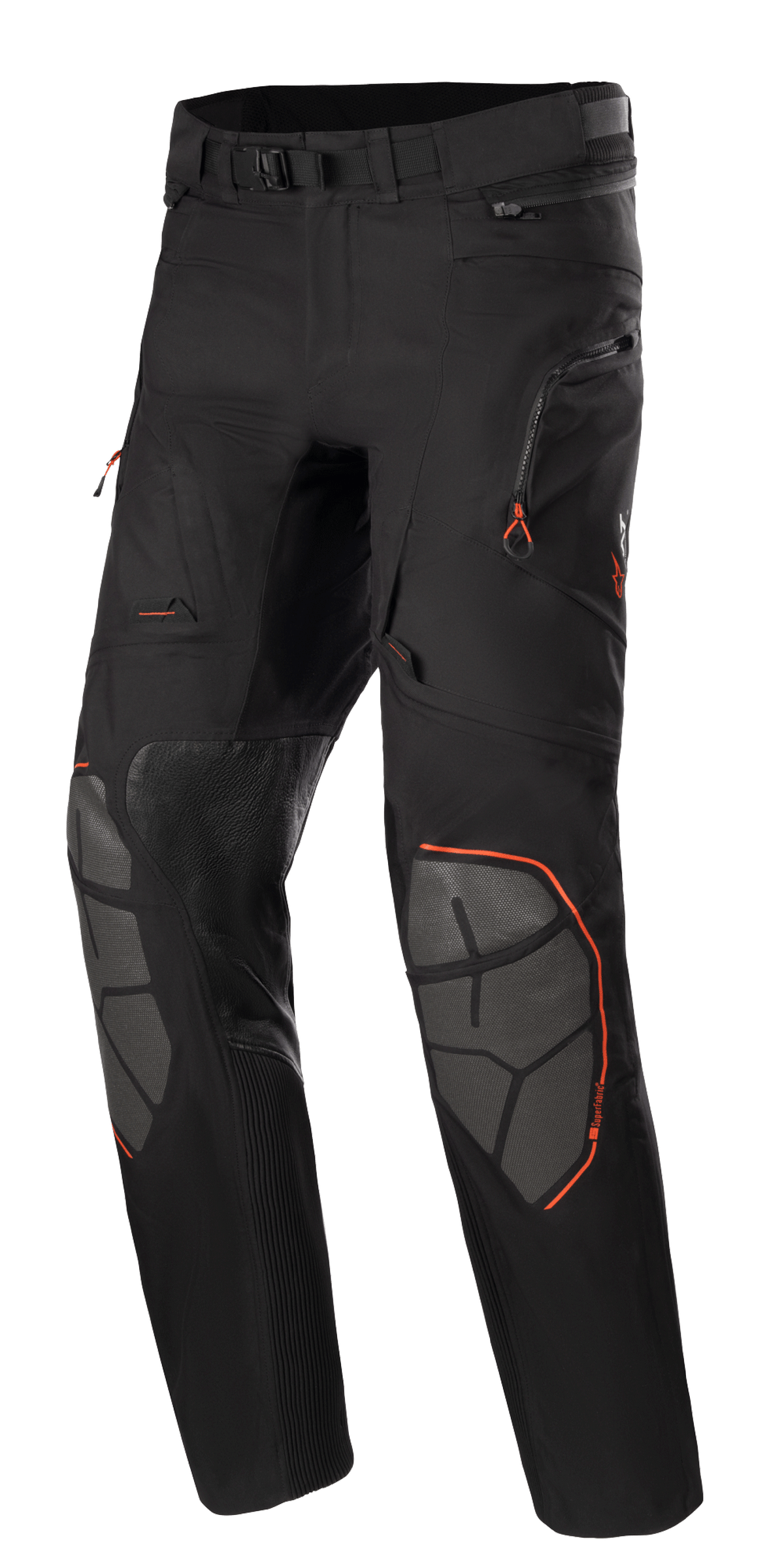 Alpinestars AMT-10R Drystar XF byxor, motorcykelbyxor för adventure touring, svarta med orange detaljer, grå Superfabric-förstärkningar på knäna, justerbart midjebälte, fickor med dragkedja och vattentät laminerad design