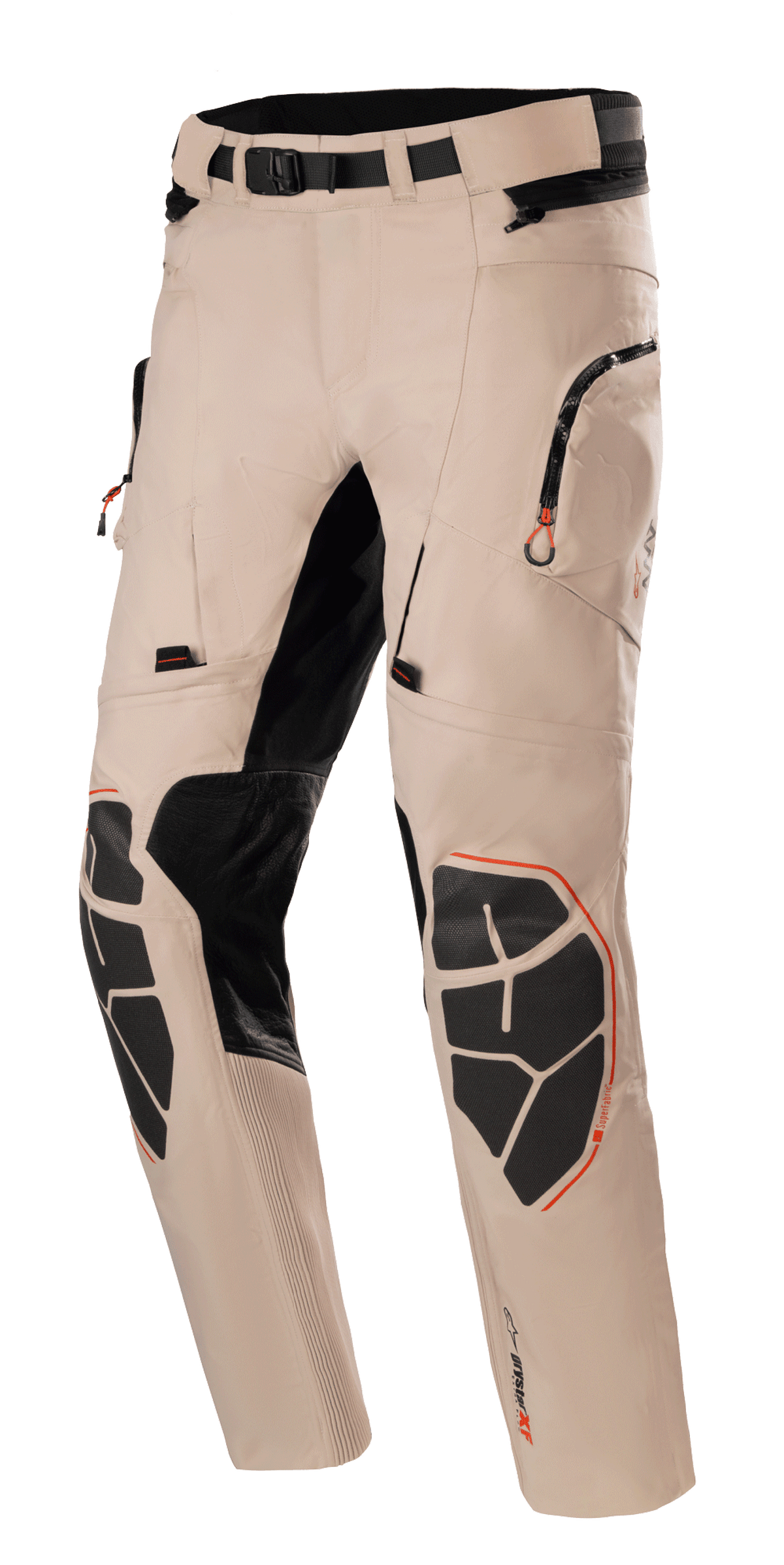 Alpinestars AMT-10R Drystar Xf byxor, motorcykelbyxor för touring och adventure, ljusbruna med svarta och orangea detaljer, vattentät konstruktion som andas, förstärkta Superfabric-knäskydd, justerbart midjebälte, fickor med dragkedja och stretchpaneler för ökad flexibilitet