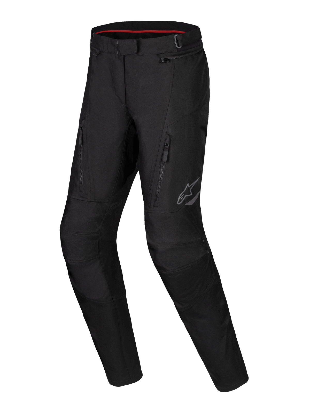 Alpinestars Stella ST-1 Waterproof Pants, vattentäta äventyrstouringbyxor för damer, svarta med dragkedjefickor fram, förstärkta knäpaneler och reflekterande Alpinestars-logotyp på låret, vattentät textilkonstruktion med förböjda ben