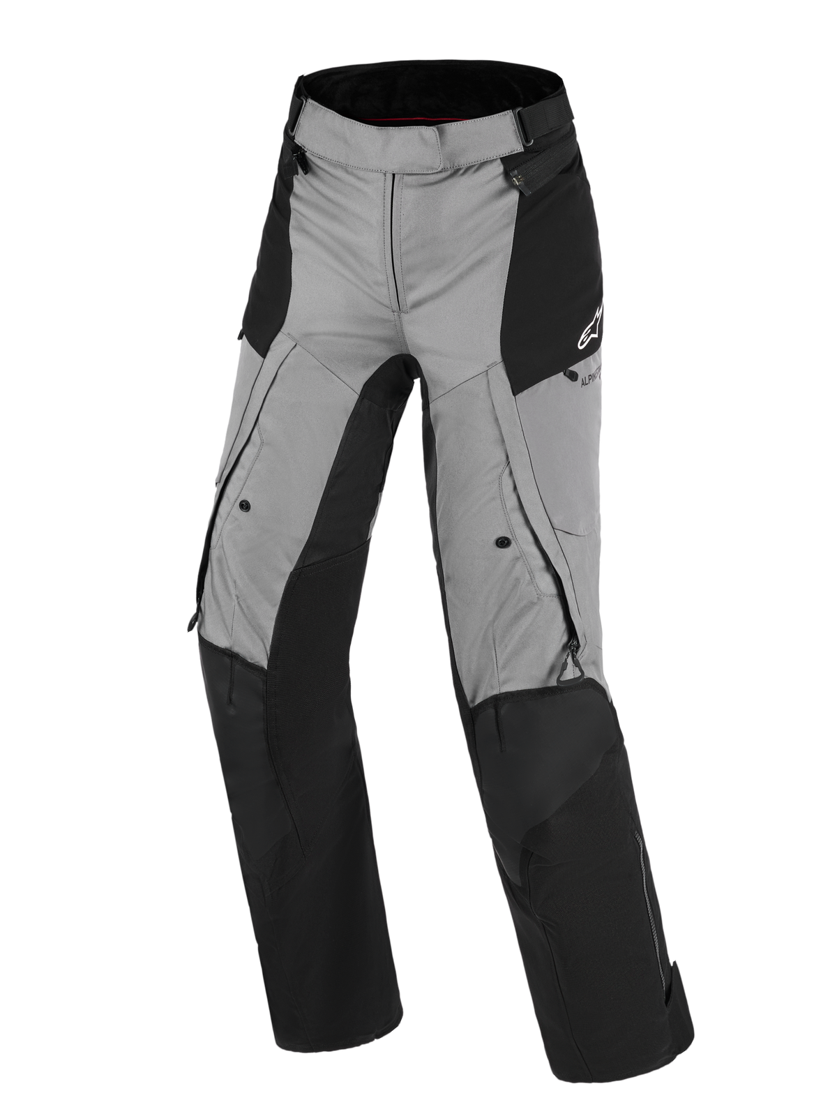 Alpinestars Stella Andes V4 Drystar®-byxor, motorcykelbyxor för dam, svarta och mörkgrå, adventure touring-design med vattentät textil, förstärkta områden vid knän och säte, ventilationsöppningar och fickor med dragkedja, Alpinestars-logotyp på höften