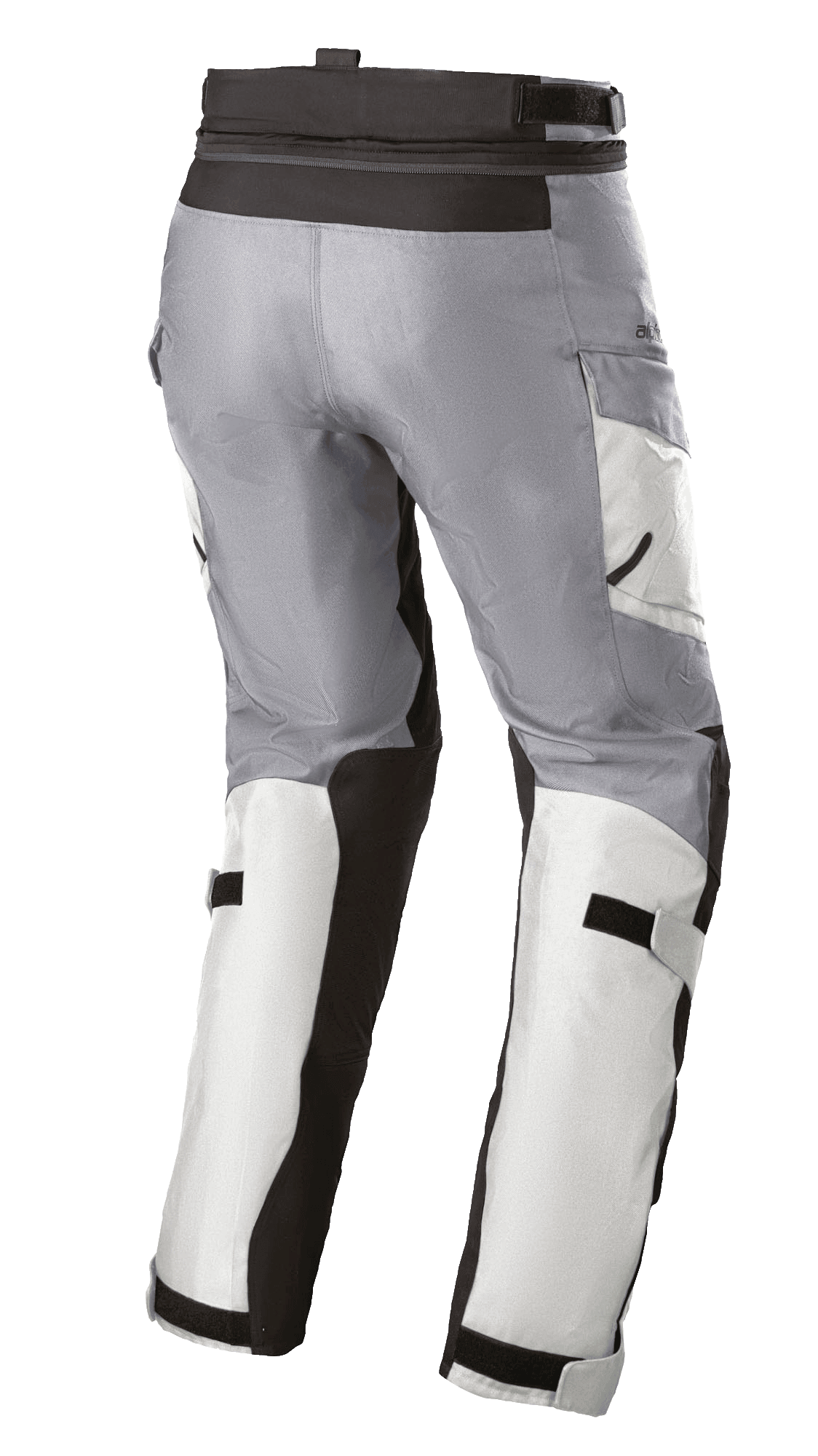 Alpinestars Stella Andes V3 Drystar® dambyxor, MC-touringbyxor, isgrå och mörkgrå, vy snett bakifrån som visar justerbara remmar i midjan och på vaderna, cargofickor och förstärkta paneler.