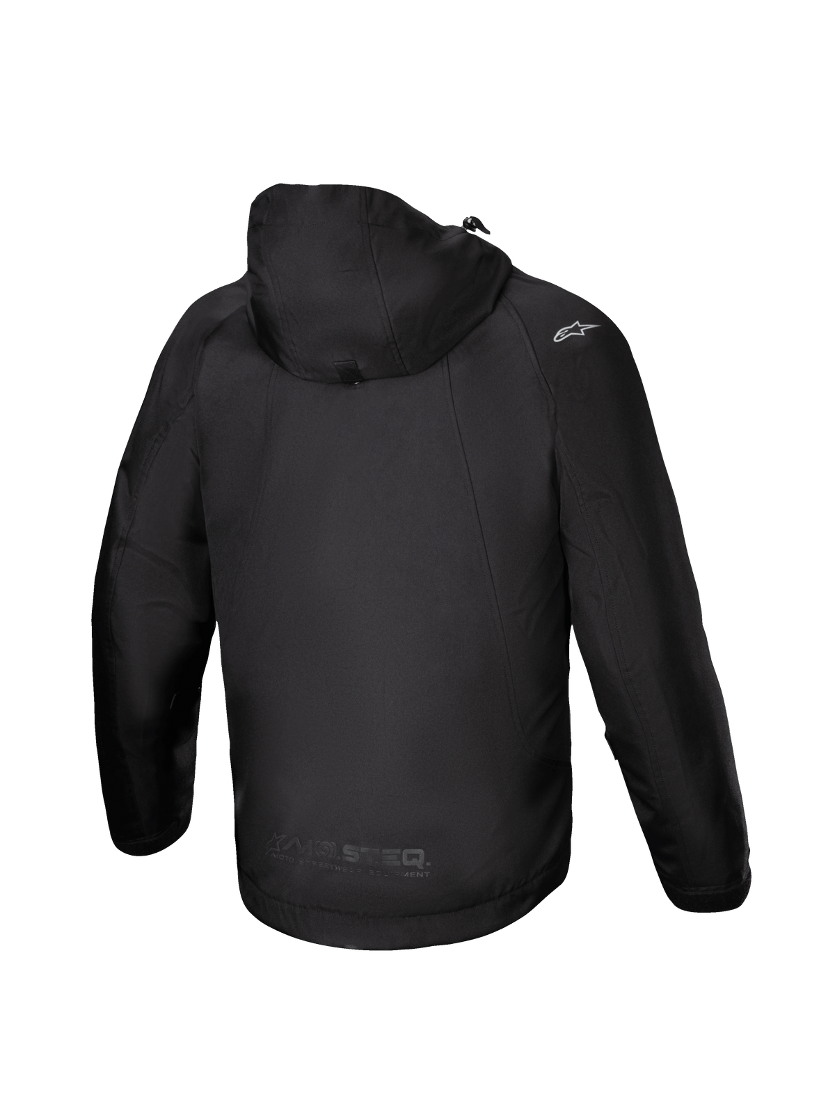 Alpinestars Morush vattentät parka, svart motorcykeljacka för herr, vy bakifrån med stormsäker huva och raglanärmar.