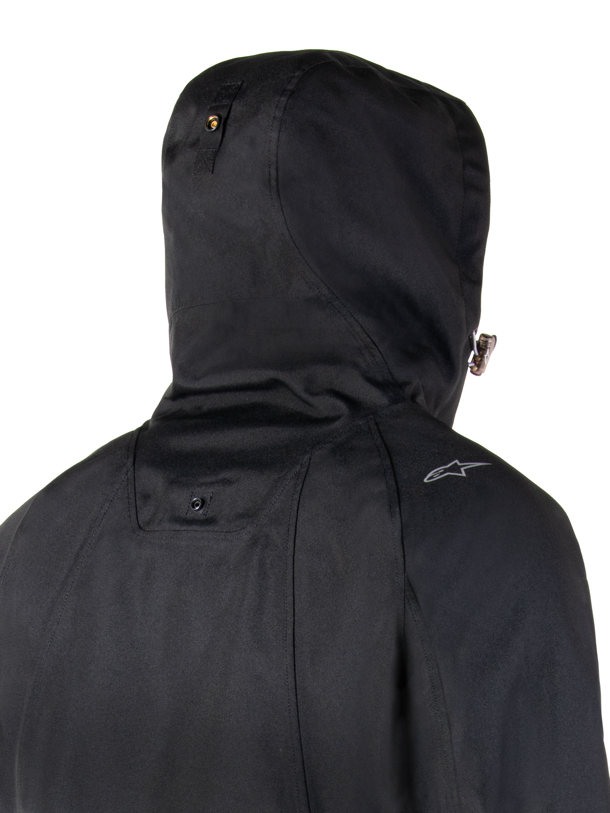Alpinestars Morush vattentät parka, svart urban motorcykeljacka, närbild bakifrån på stormsäker huva med tryckknappsfäste.