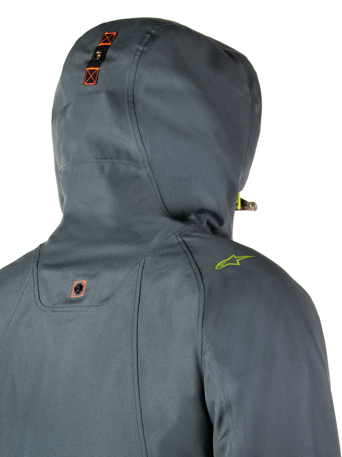 Alpinestars Morush Vattentät Parka, Urban Gray, detaljerad vy bakifrån av huva med tryckknappssystem för förankring och orangea detaljer, limegrön logotyp på axeln, vattentät urban motorcykel-streetwear