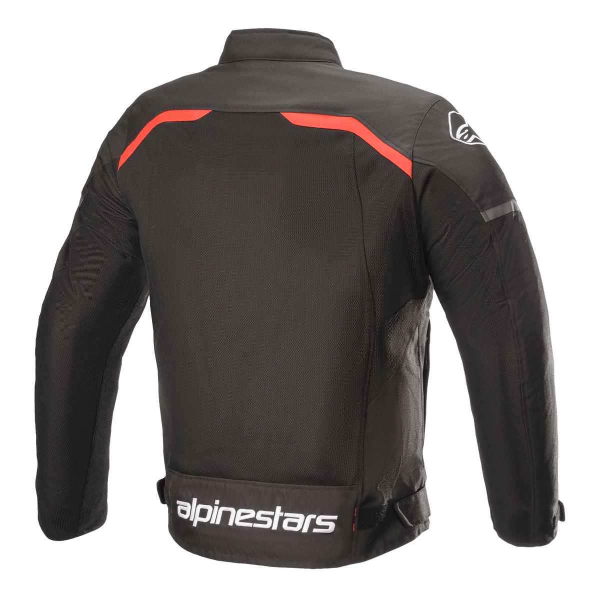 Alpinestars T-SPS Superair-jacka, motorcykeljacka i textil, svart med klaröda detaljer, baksida med stora ventilationspaneler i mesh, röda linjer över axlarna och tydlig vit Alpinestars-logotyp på nedre delen av ryggen.