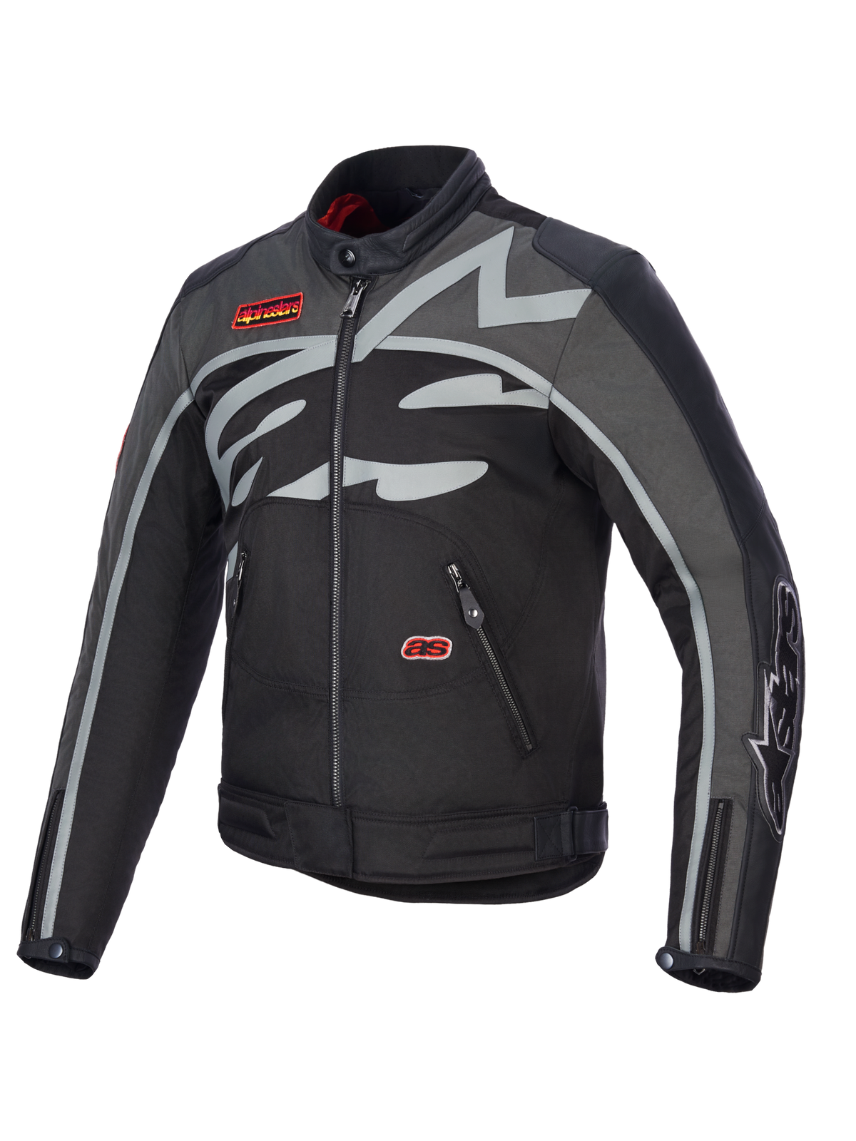 Alpinestars Axton Jacka, motorcykeljacka, svart, antracitgrå och röd tangerine, med en stor grå omslutande logotyp på bröstet, röda märkesdetaljer, textil- och läderkonstruktion, vintage racing-inspirerad design för stadskörning och landsväg