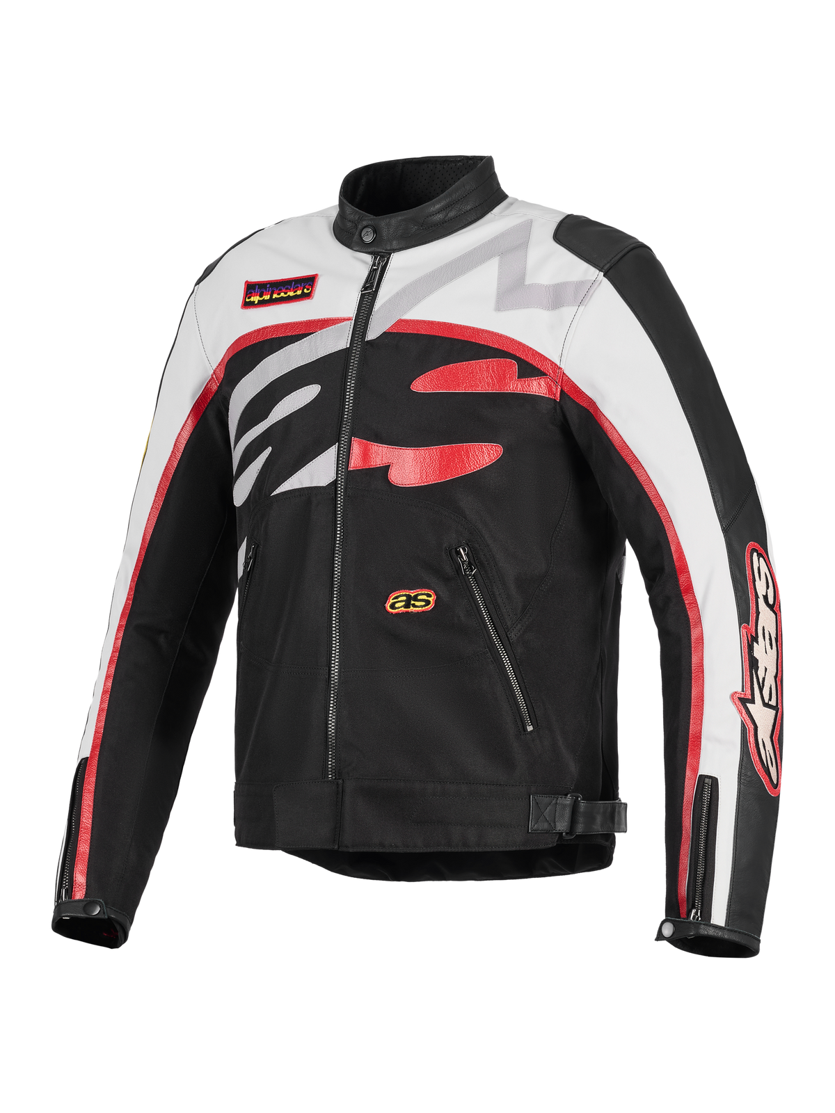 Alpinestars Axton Jacket, Motorcycle Jacket, Black Off White and Bright Red, vintage racing-inspired design with bold wrap-around Alpinestars logo, textile and leather construction, zippered pockets and biker collar