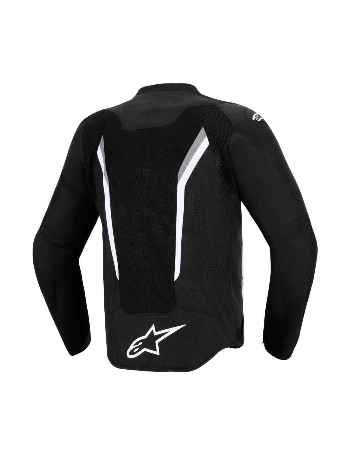 Alpinestars AST V3 Air Jacket, Back View, Black with White and Dark Gray accents, featuring a large mesh ventilation panel, white Alpinestars logo on the lower back, and laser-perforated zones, technical sport-fit motorcycle jacket