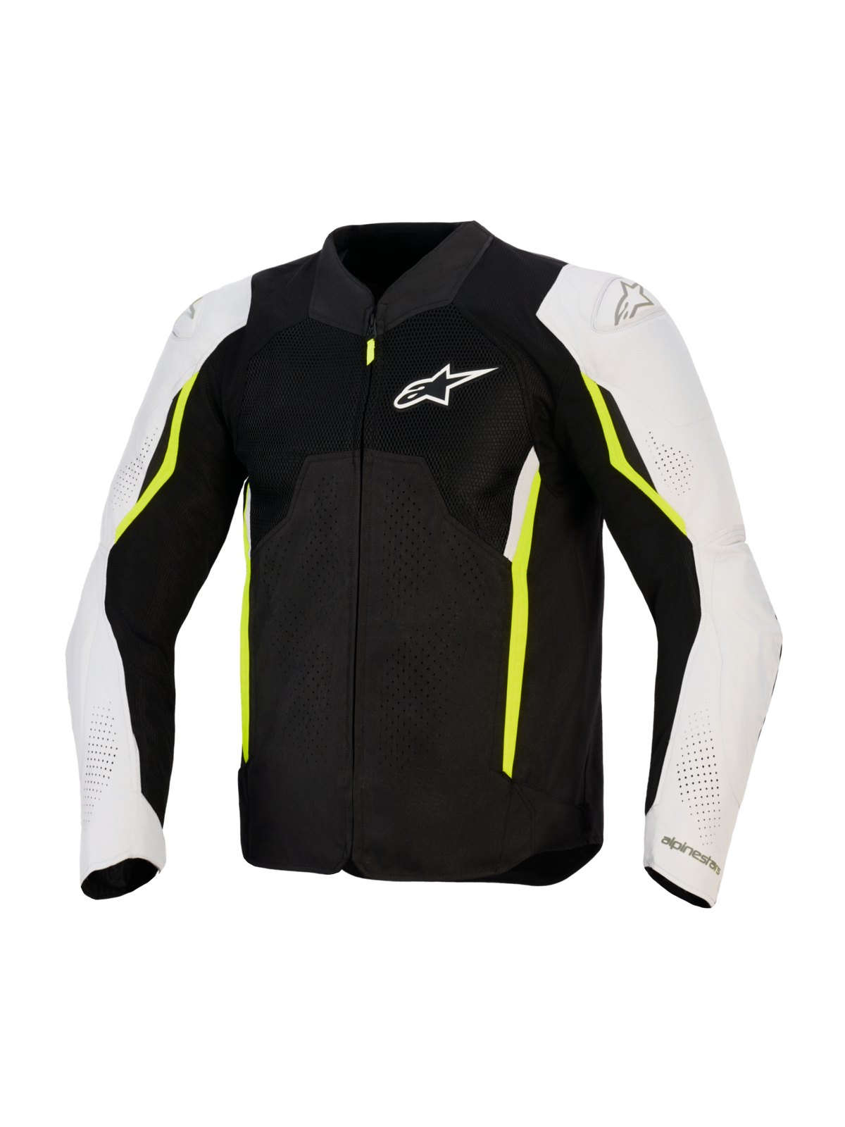 Alpinestars AST V3 Air Jacket, motorcykeljacka i textil, svart, silver och neongul, framifrån med ventilationspaneler i nät, vita ärmar med neongula detaljer och Alpinestars-logotyp på bröstet, sportig prestandadesign för körning i varmt väder