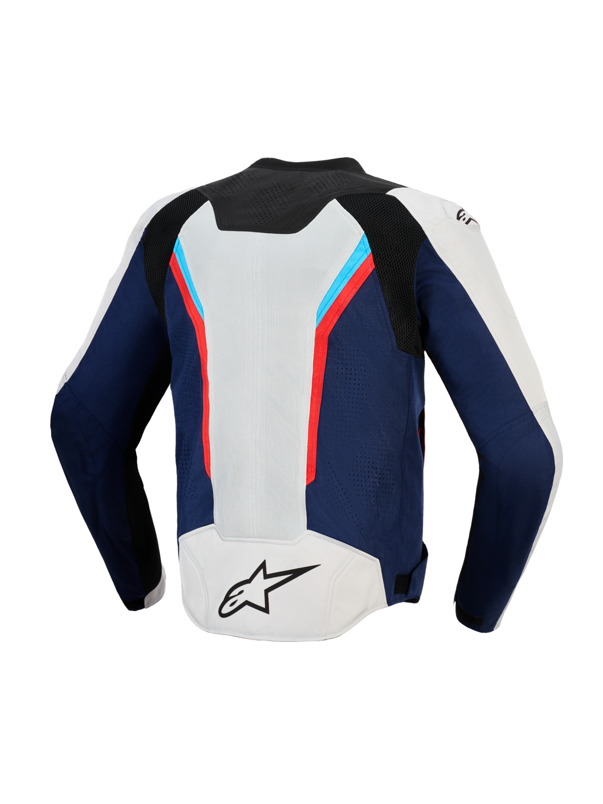 Alpinestars AST V3 Air Jacket, baksida, Silver Deep Blue och Bright Red, teknisk motorcykeljacka med stora ventilationspaneler i mesh, sportig flerpanelsdesign med röda och ljusblå detaljer, svart A-star-logotyp på silvrig nedre rygg.