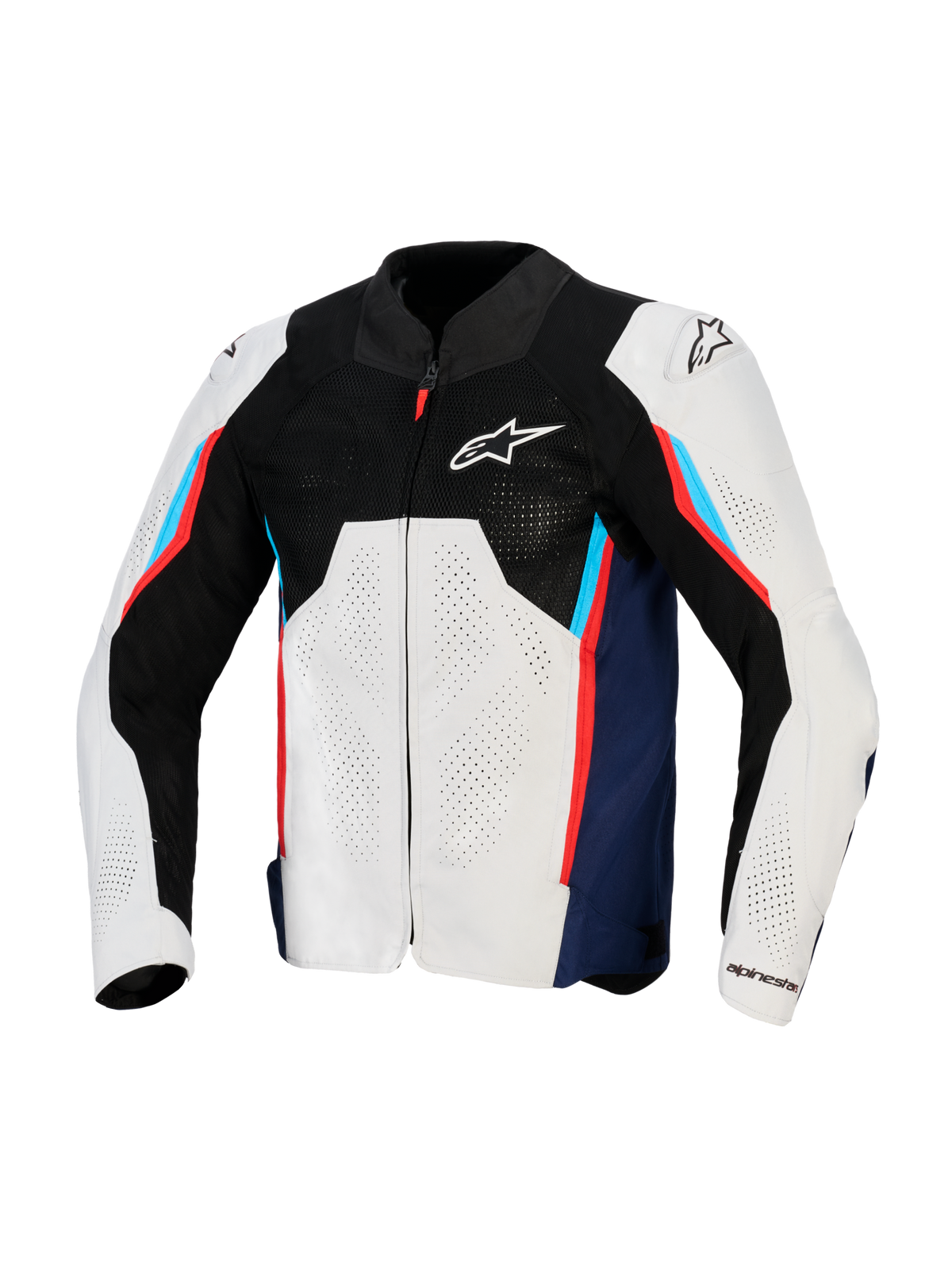 Alpinestars AST V3 Air jacka, motorcykeljacka för racing, silver, mörkblå och klarröd, framifrån med svart tech mesh upptill, laserperforerade textilpaneler och externa DFS-axelsliders, sportpassform för varmt väder