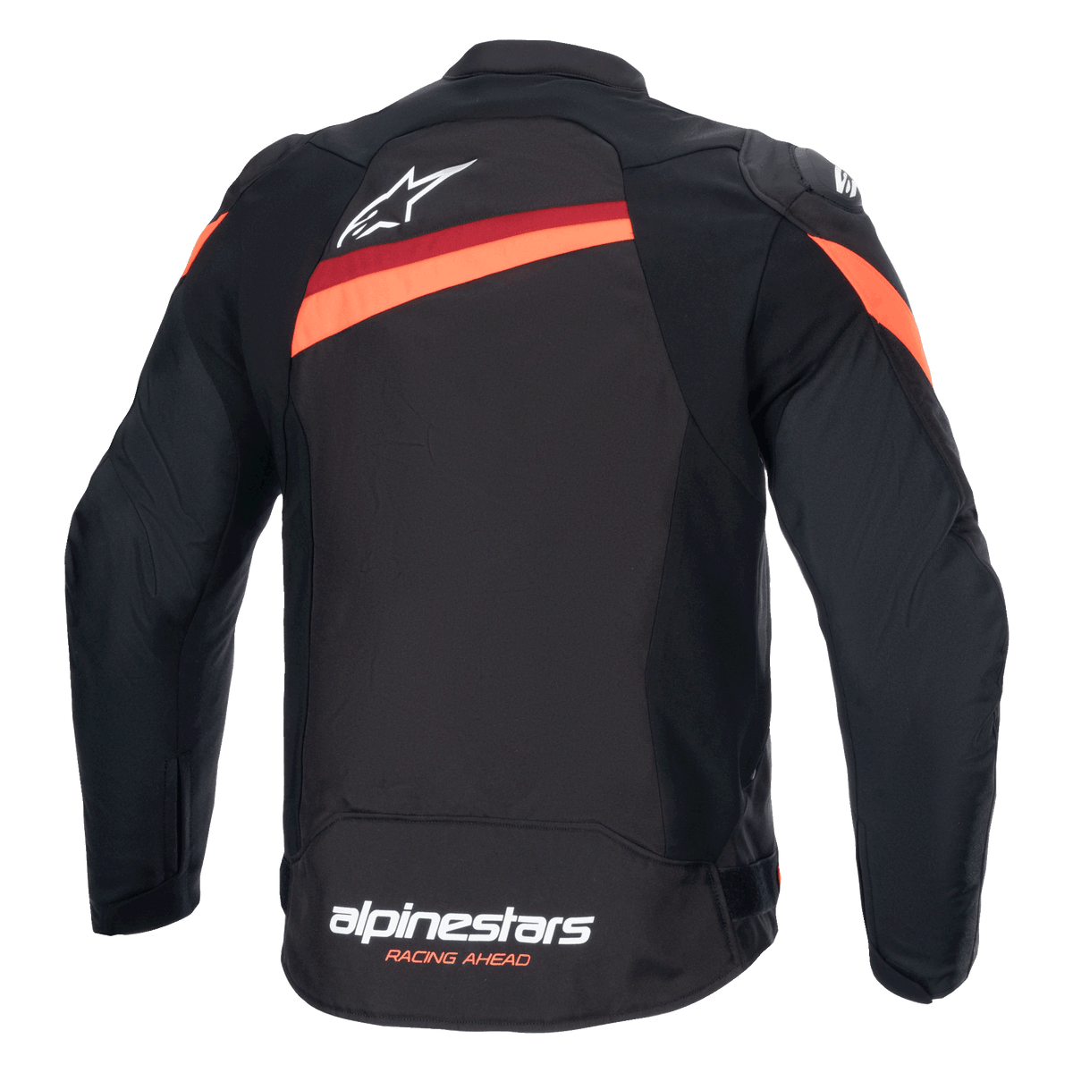 Alpinestars T-GP Plus R V4-jacka, sedd bakifrån, svart och röd fluo, sportig motorcykeljacka i textil, vit Alpinestars-logotyp på övre ryggen och branding vid nederkanten, diagonala röda ränder över axlar och rygg, förböjda ärmar.