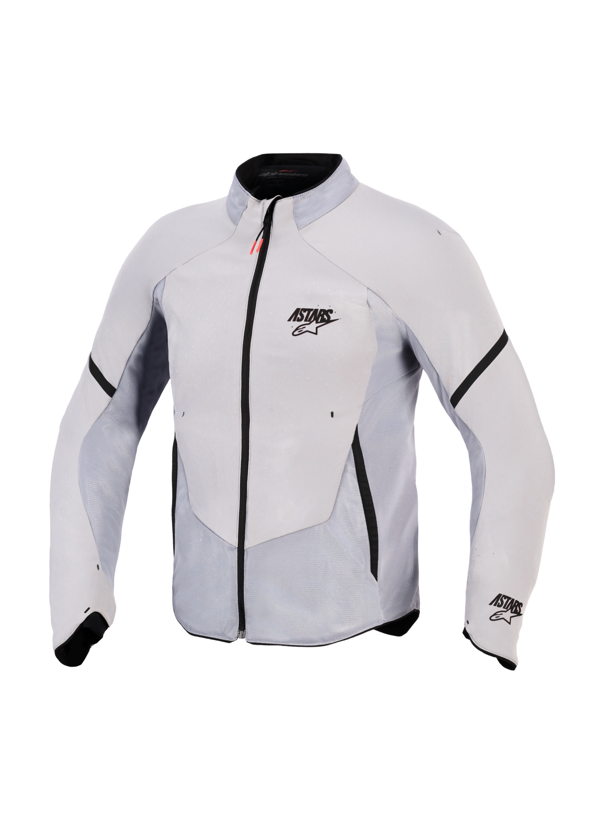 Alpinestars Aeroshell Airflow-jacka, motorcykeljacka, Mid Gray Anthracite, lätt stretch-softshell med omfattande laserperforerade meshpaneler, svart dragkedja fram med röd dragtapp, ASTARS-logotyp på bröstet och ärmen, sportpassform för maximal andningsförmåga