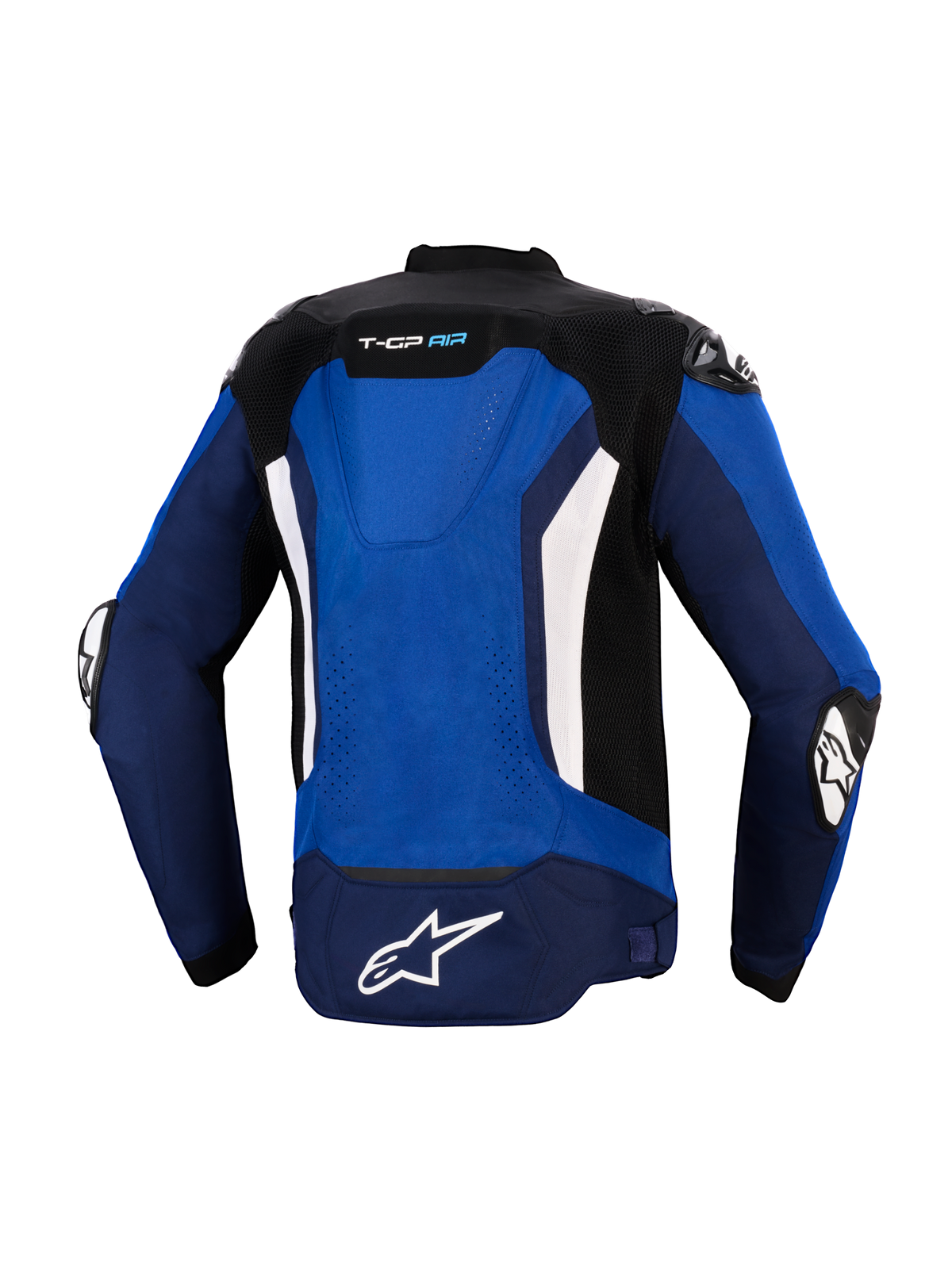 Alpinestars T-GP Air-jacka, vy bakifrån, ljusblå, marinblå och vit, sportmotorcykeljacka i textil med integrerad aerodynamisk puckel, ventilationspaneler i mesh, vita vertikala detaljer och vit Astars-logotyp på ryggslutet, designad för högpresterande körning