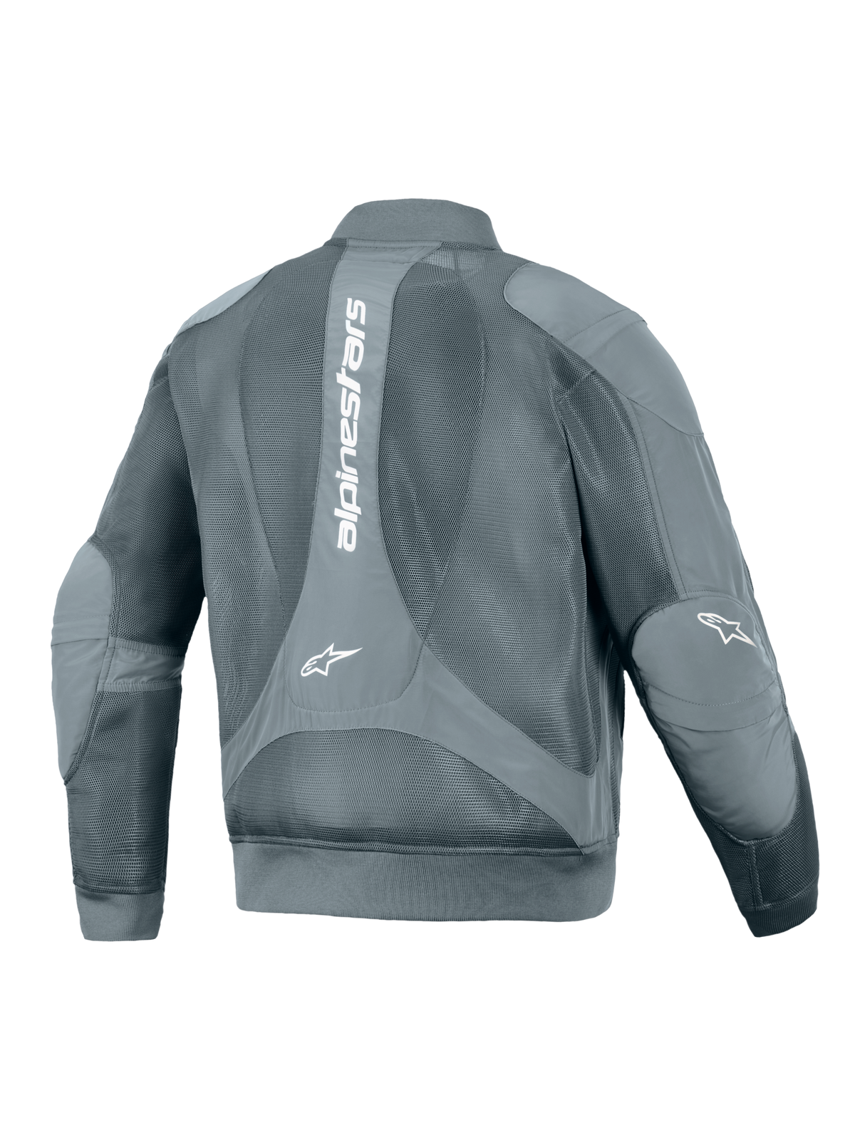 Alpinestars Flight Air-jacka, urban motorcykeljacka, Storm Gray, baksida med en stor vertikal vit Alpinestars-logotyp, omfattande 3D-meshpaneler för luftflöde, samt bomber-inspirerad ribbad midja och ärmslut