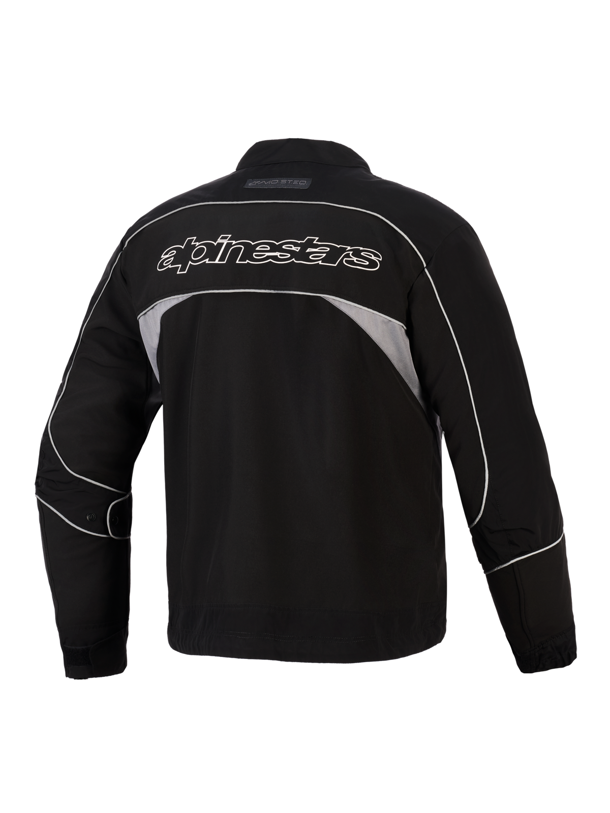 Alpinestars Unite-jacka, vy bakifrån, svart med mörkgrå reflekterande paneler, vitkonturerad Alpinestars-logotyp över ryggen, urban motorcykeljacka i softshell med minimalistisk design