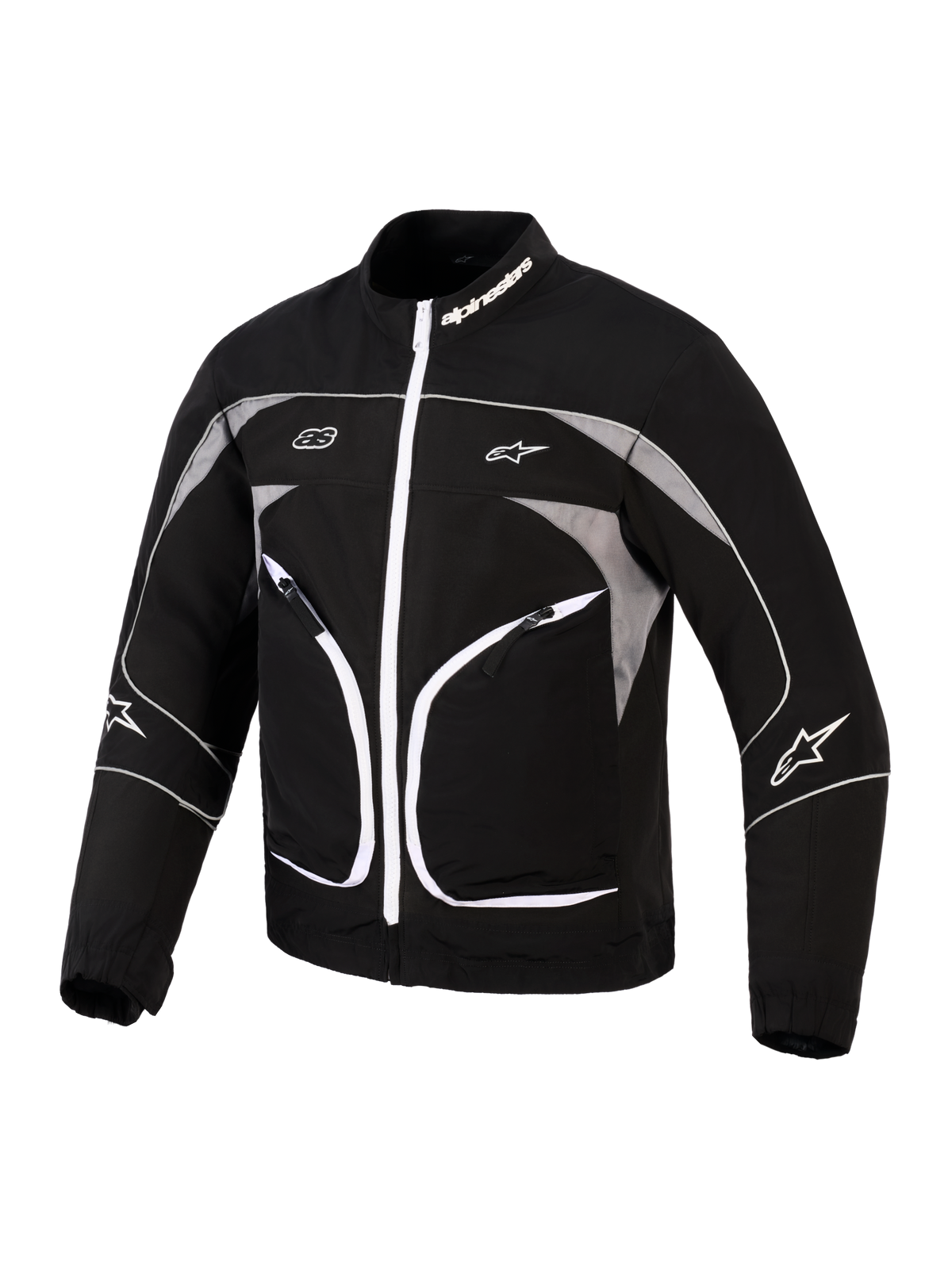 Alpinestars Unite-jacka, motorcykeljacka, svart och mörkgrå, med en vit dragkedja framtill, reflekterande grå paneler och vita passpoaldetaljer, Alpinestars-logotyper på kragen och ärmarna, minimalistisk urban design