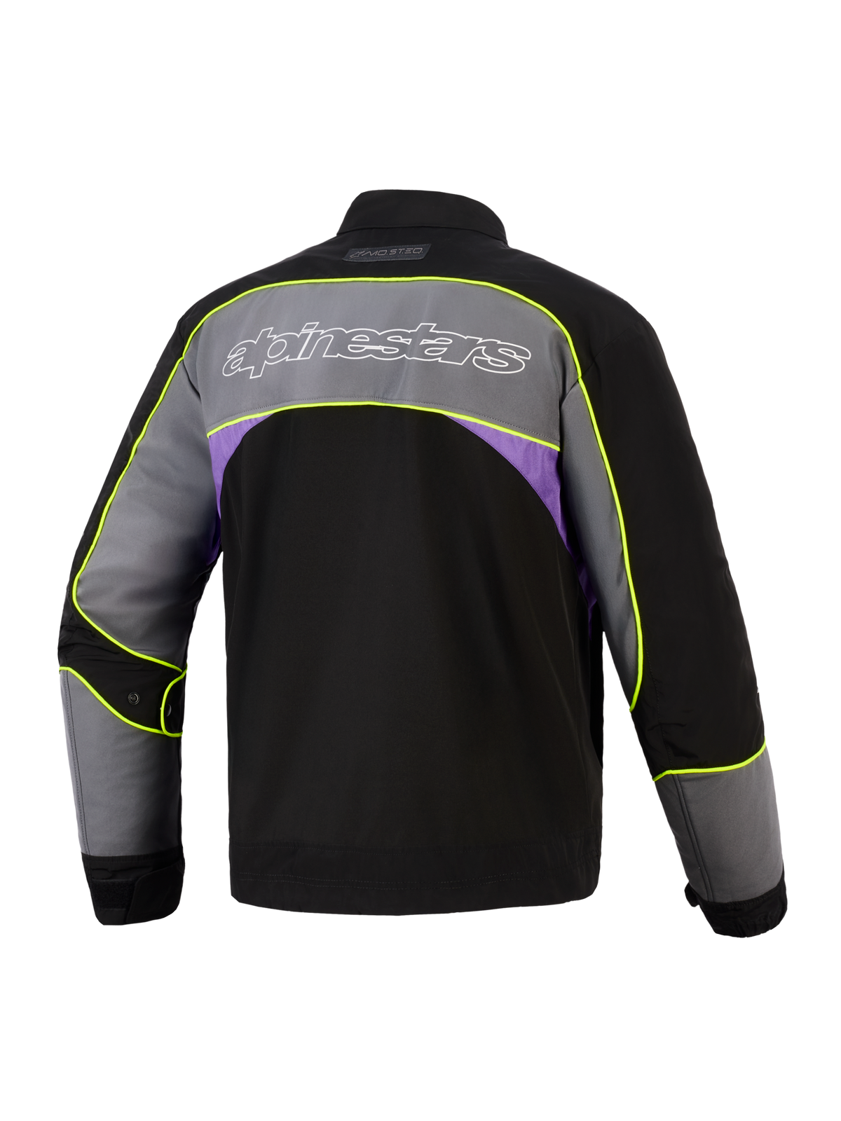 Alpinestars Unite-jacka i Black Asphalt Violet, vy bakifrån, urban motorcykeljacka med stor grå axelpanel, vit konturerad Alpinestars-logotyp, lila detaljer på sidorna och högvisibla neongula passpoaler längs sömmarna.