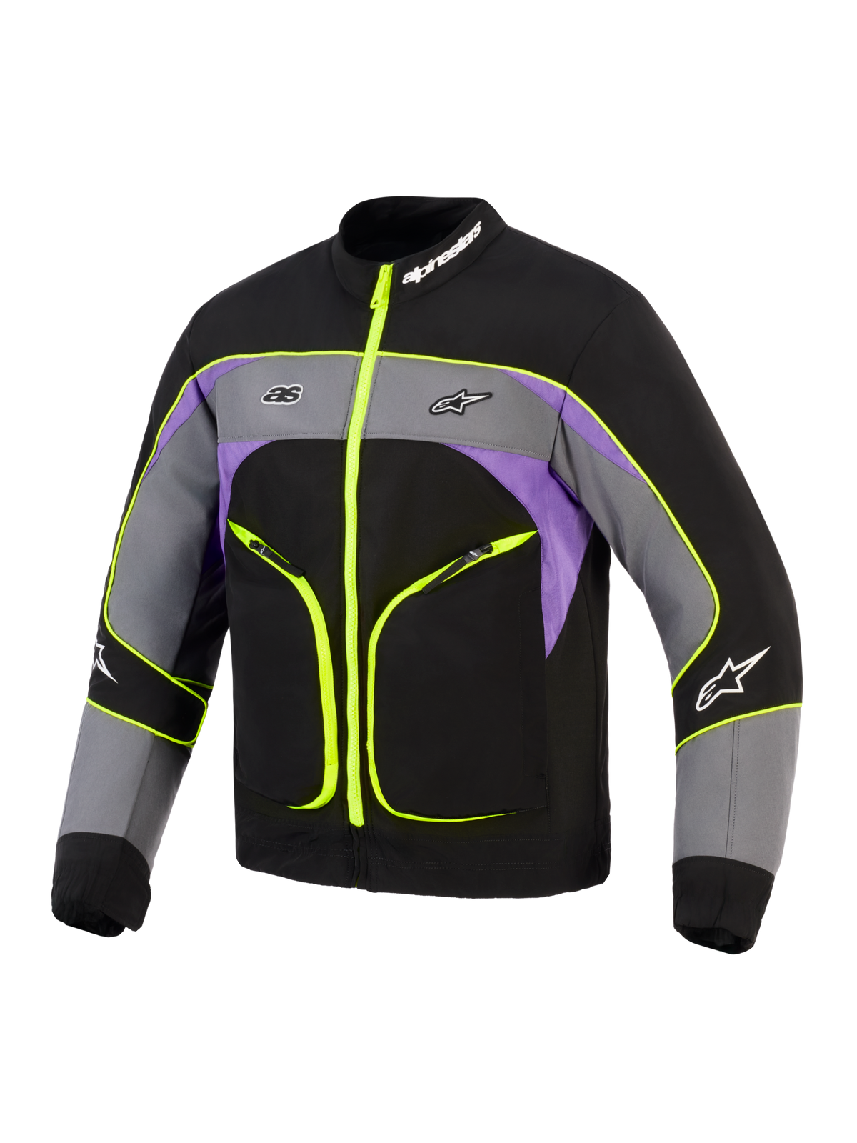 Alpinestars Unite-jacka, urban motorcykeljacka, svart, asfaltsgrå och lila med neongula accenter, med 3-lagers softshell-konstruktion, fluorescerande gula dragkedjor och passpoaler, färgblock i grått och lila, samt Alpinestars-logotyper på bröstet och kragen.
