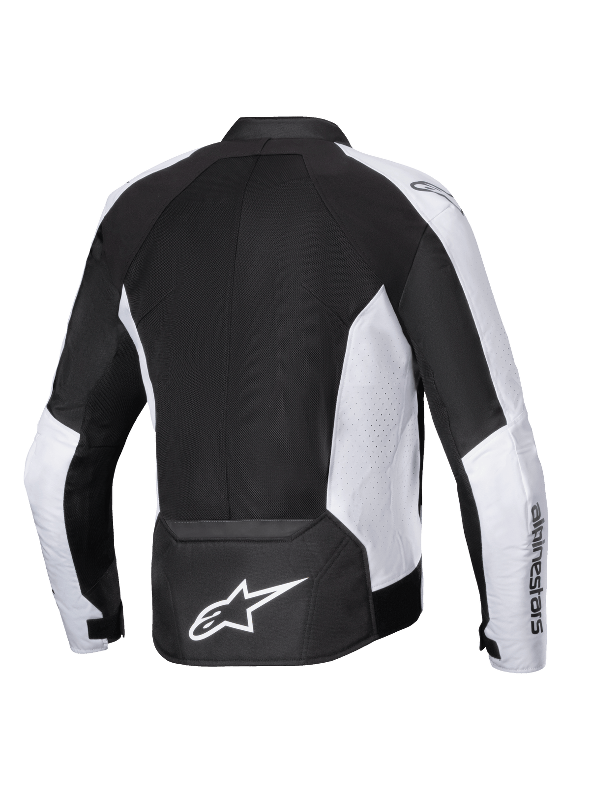 Alpinestars Viper Air V4-jacka, motorcykeljacka, svart och vit, vy bakifrån med stora paneler i teknisk mesh för luftflöde, vita perforerade sidopaneler, tydlig vit Astar-logotyp på nedre delen av ryggen, textilkonstruktion för körning i varmt väder
