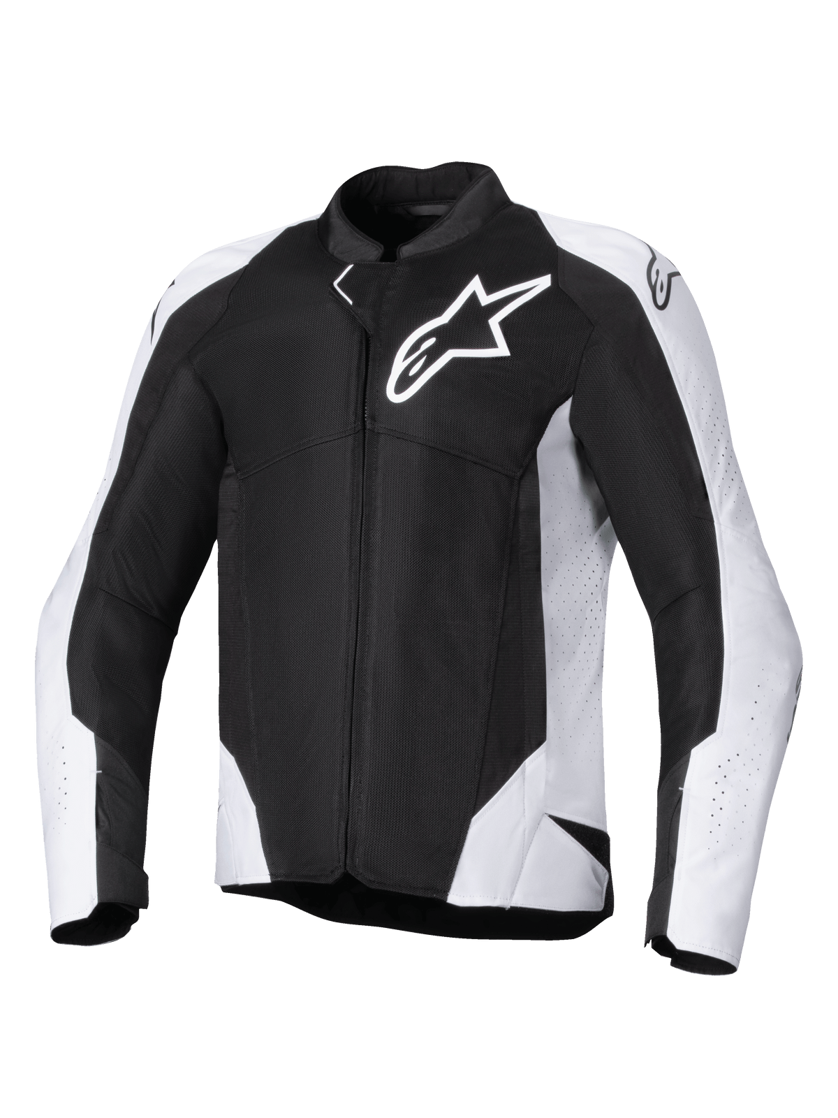 Alpinestars Viper Air V4-jacka, textiljacka för motorcykel, svart och vit, med stor vit Astar-logotyp på bröstet, perforerade meshpaneler för luftflöde, ergonomisk sportpassform för vägkörning