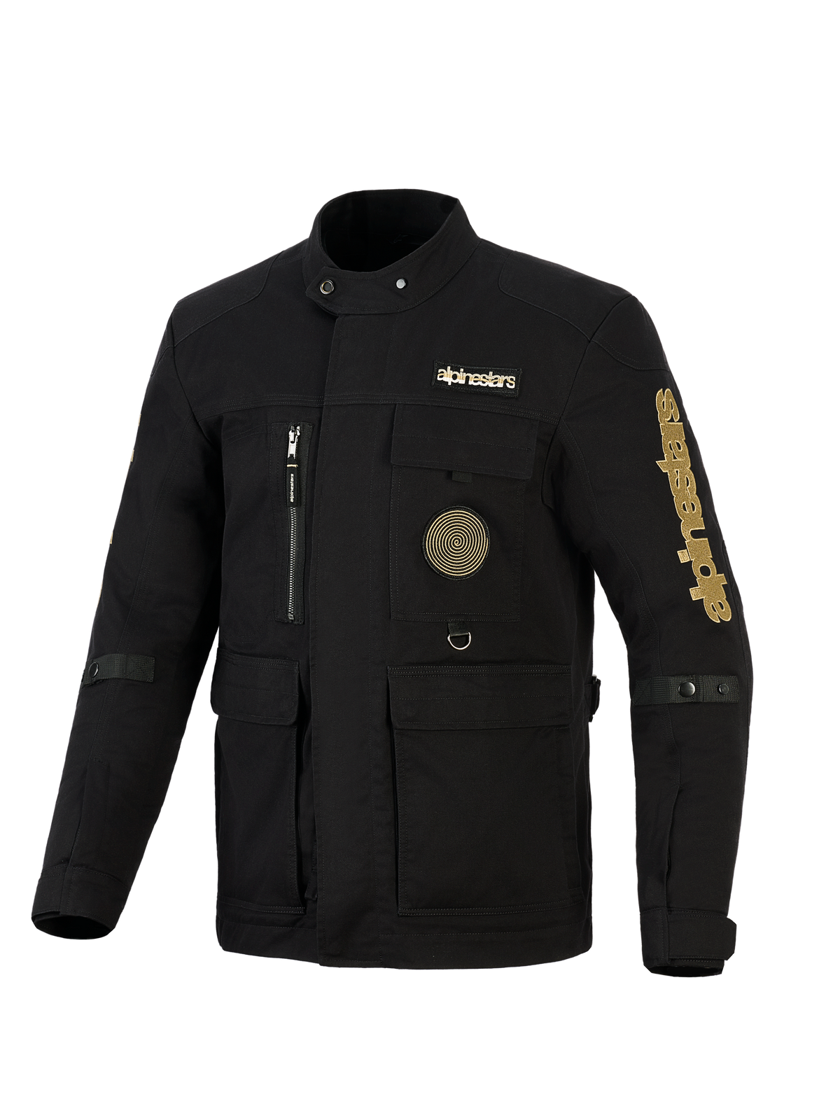 Alpinestars Dice Jacket, urban motorcykeljacka i fältmodell, svart med guldbranding, med flera praktiska fickor, en spiralformad patch på bröstet och vintageinspirerad fältjackestil i vattenavvisande textil.